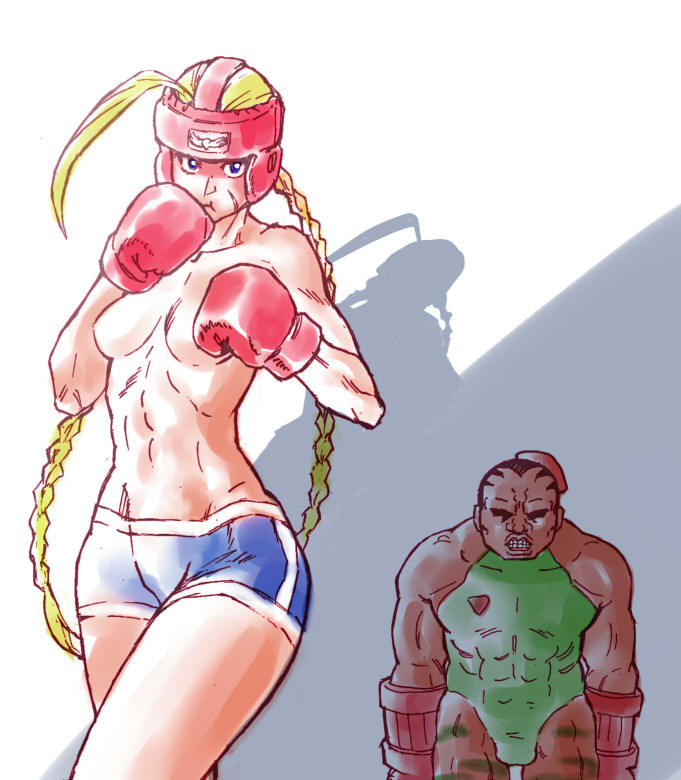 1boy 1girls abs ahe_gao balrog balrog_(street_fighter) black_hair blonde_hair boxing_gloves boxing_headgear braid breasts cammy_white cammy_white_(cosplay) capcom clothing_swap cosplay costume_switch crossdressing crossplay female gloves hair hat human kayoko_(artist) leotard long_hair muscular nipples pecs red_boxing_gloves red_boxing_headgear red_gloves shorts straight_hair street_fighter teeth topless twin_braids