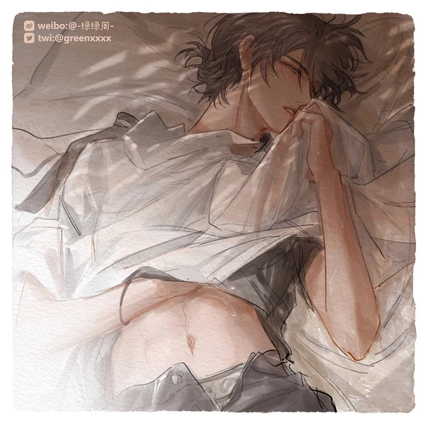 1boy, bedsheets, black hair, cheng xiaoshi (link click), clothed, link click, male, male focus, male only, sweat