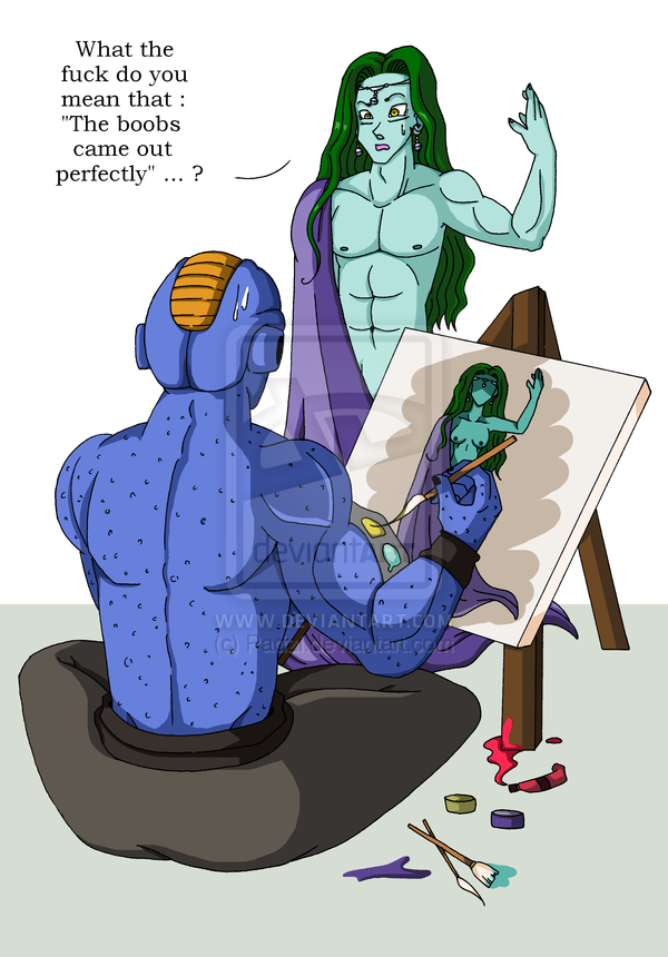 = blue_skin breasts burter clothes color crossed_legs dialog dragon_ball dragon_ball_z english_text eye_contact female green_hair hair interspecies long_hair looking_at_another male male_only multiple_males muscles open_eyes painting pose rule_63 sitting standing straight_hair text topless unknown_species watermark yellow_eyes zarbon