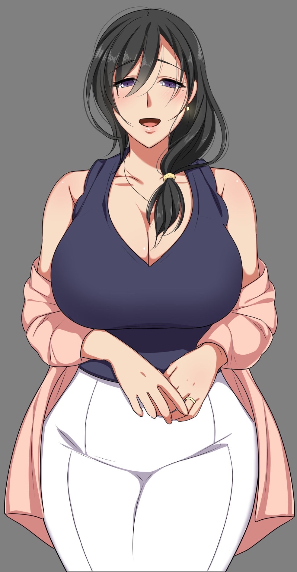 :d, black hair, breasts, female, female only, huge breasts, looking at viewer, mature female, milf, purple eyes, solo, wedding ring, wholesome