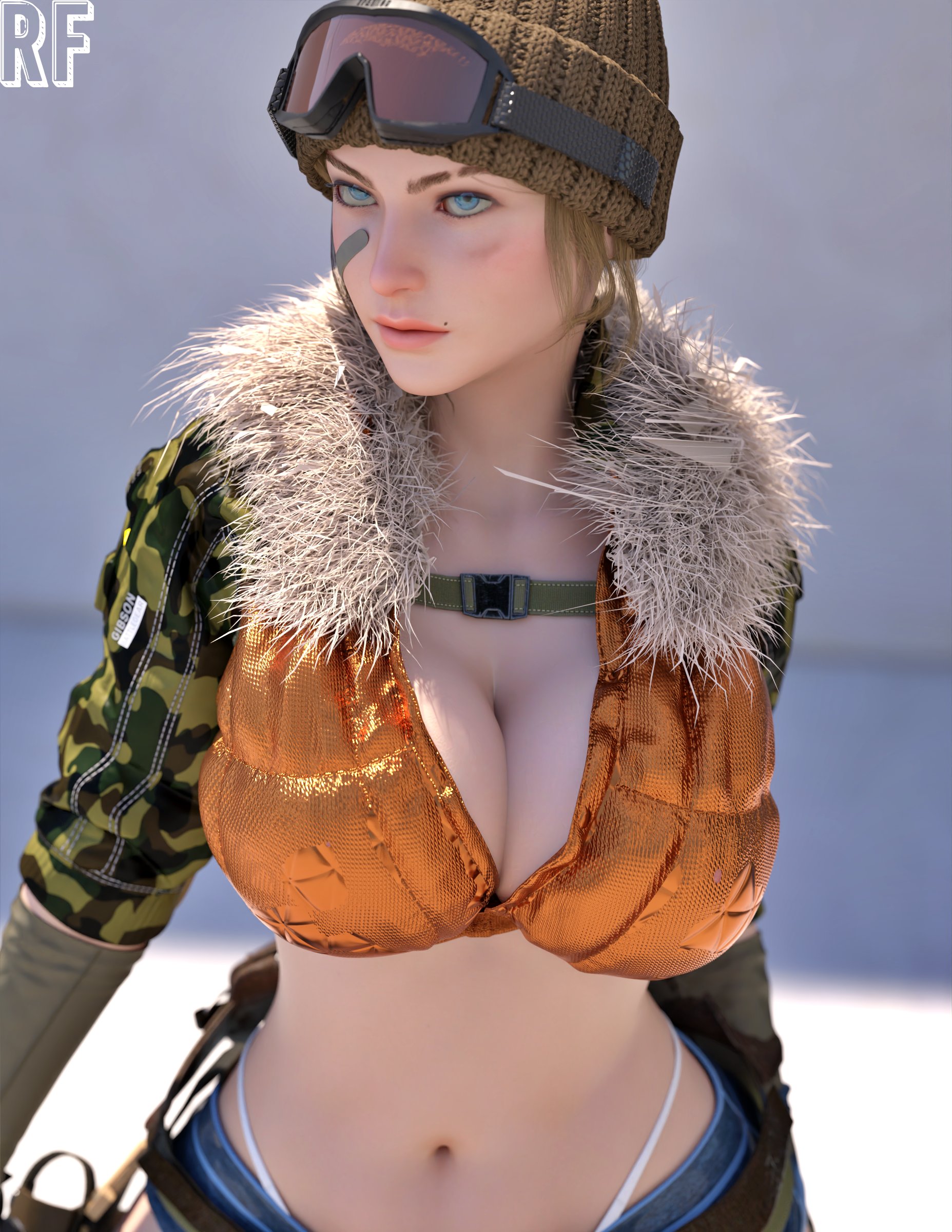 1girls, 3d, absurd res, beanie, breasts, cleavage, female, female only, hi res, large breasts, light skin, light-skinned female, midriff, mole, mole above mouth, original, original character, panties, rude frog, solo