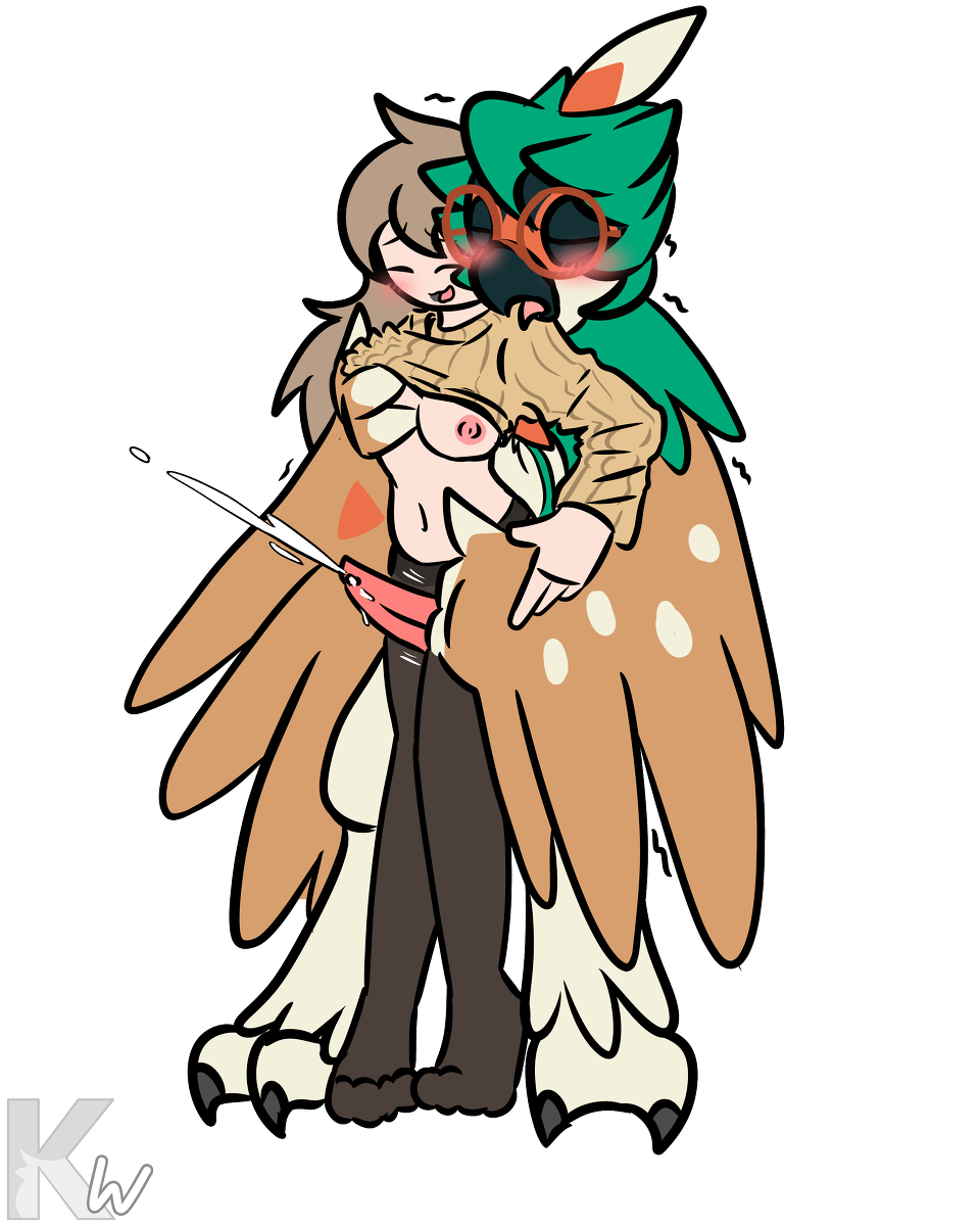 1boy 1girls anthro avian bird bodily_fluids breast_grab breasts clothed clothed_sex clothing clothing_lift cum cum_on_body decidueye ejaculation erection eyewear female female_human female_on_anthro genital_fluids genitals glasses hand_on_breast hi_res human human_on_anthro interspecies kangwolf legwear looking_pleasured male male/female male_anthro mammal nintendo penis pokémon_(species) pokemon sex stockings straight thigh_sex video_games