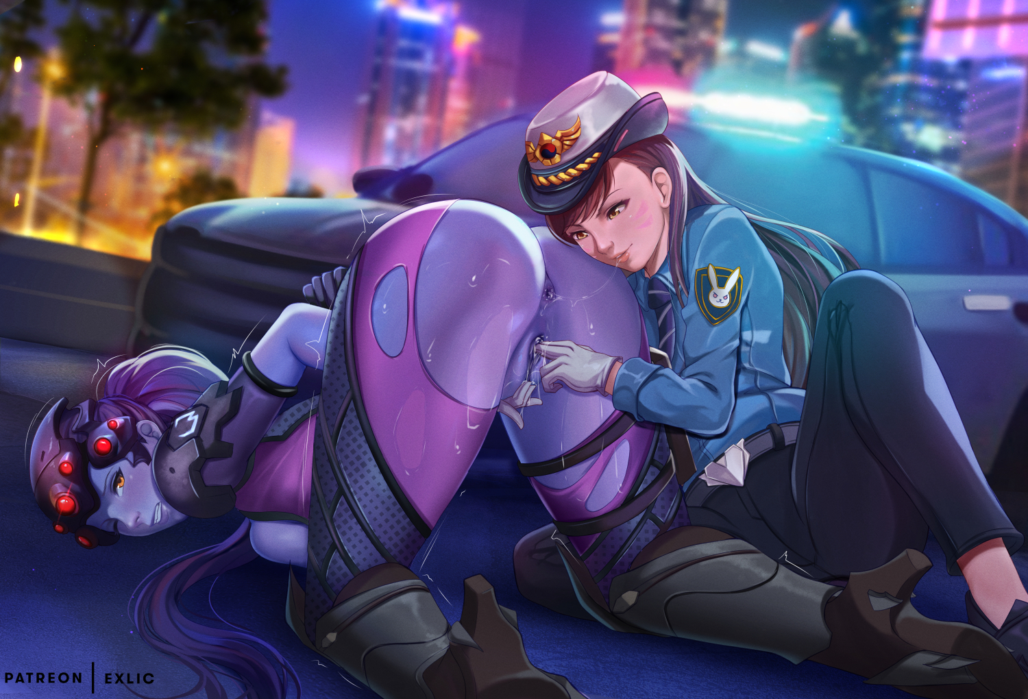 2girls, alternate costume, anus, ass, ass up, big breasts, bondage, breasts, d.va, exlic, female, female only, femdom, fingering, large breasts, multiple females, multiple girls, overwatch, penetration, police officer d.va, pussy, restrained, vaginal penetration, widowmaker, yuri