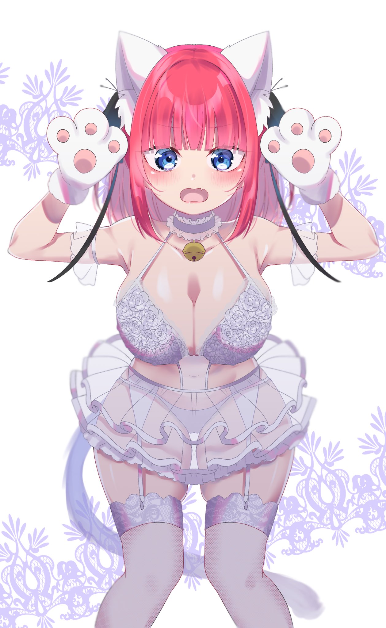 artist request, bell collar, blue eyes, blush, breasts, cat ears, cat girl, cat paws, cat tail, choker, female, go-toubun no hanayome, large breasts, looking at viewer, medium hair, nakano nino, open mouth, pink hair, thick thighs, thighhighs, thighs, uncensored, underwear, white background, white bra, white choker, white garter belt, white garter straps, white gloves, white panties, white stockings