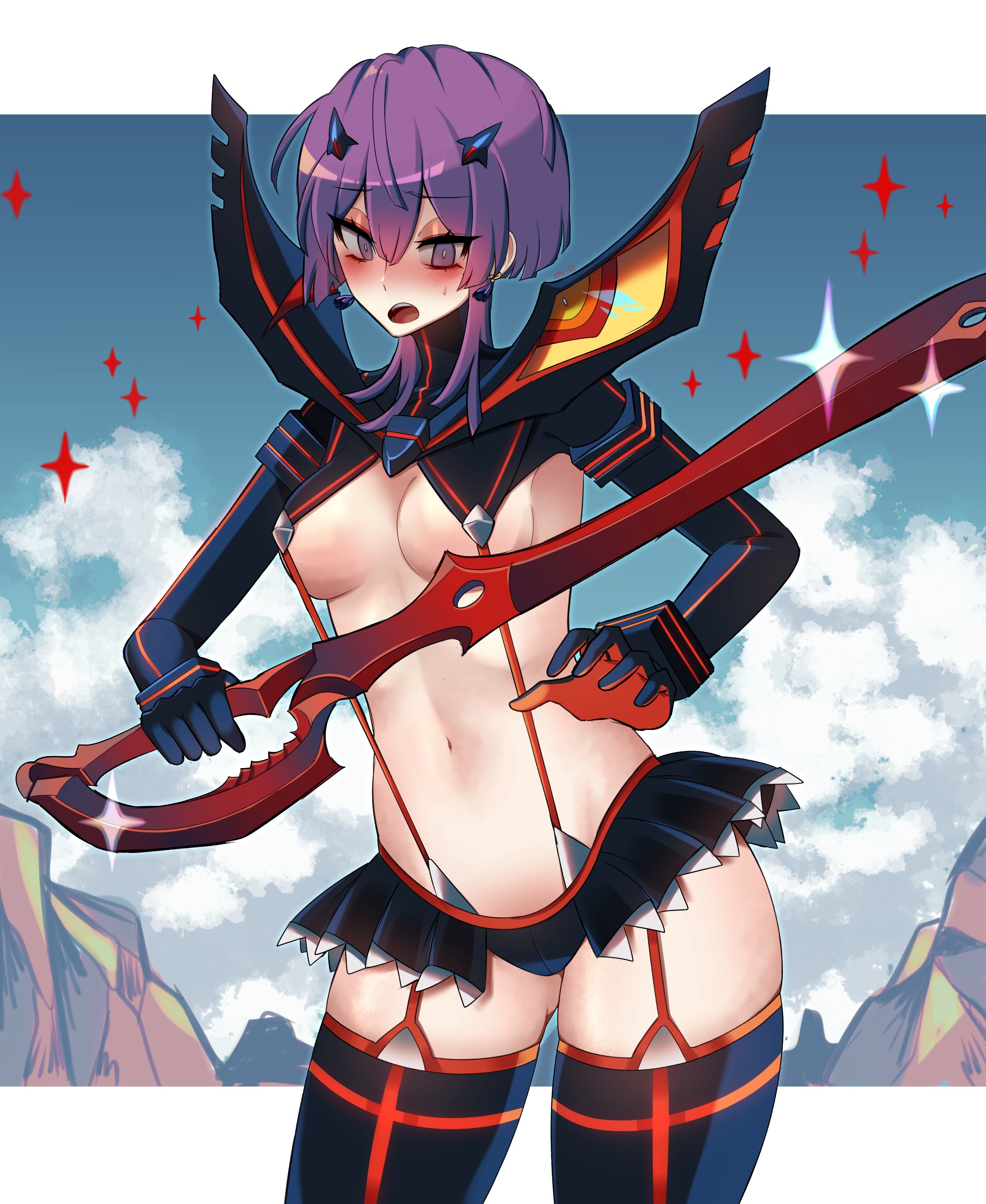 1girls, absurdres, alternate costume, bernadetta von varley, black gloves, black legwear, black skirt, black sleeves, blush, breasts, cloud, cosplay, crossover, earrings, eine (eine dx), female, female only, fire emblem, fire emblem: three houses, gloves, grey eyes, highres, jewelry, kill la kill, matoi ryuuko, matoi ryuuko (cosplay), navel, nintendo, post-timeskip, purple hair, revealing clothes, scissor blade, senketsu, short hair, skirt, solo, sweatdrop, thighhighs, underboob, voice actor connection