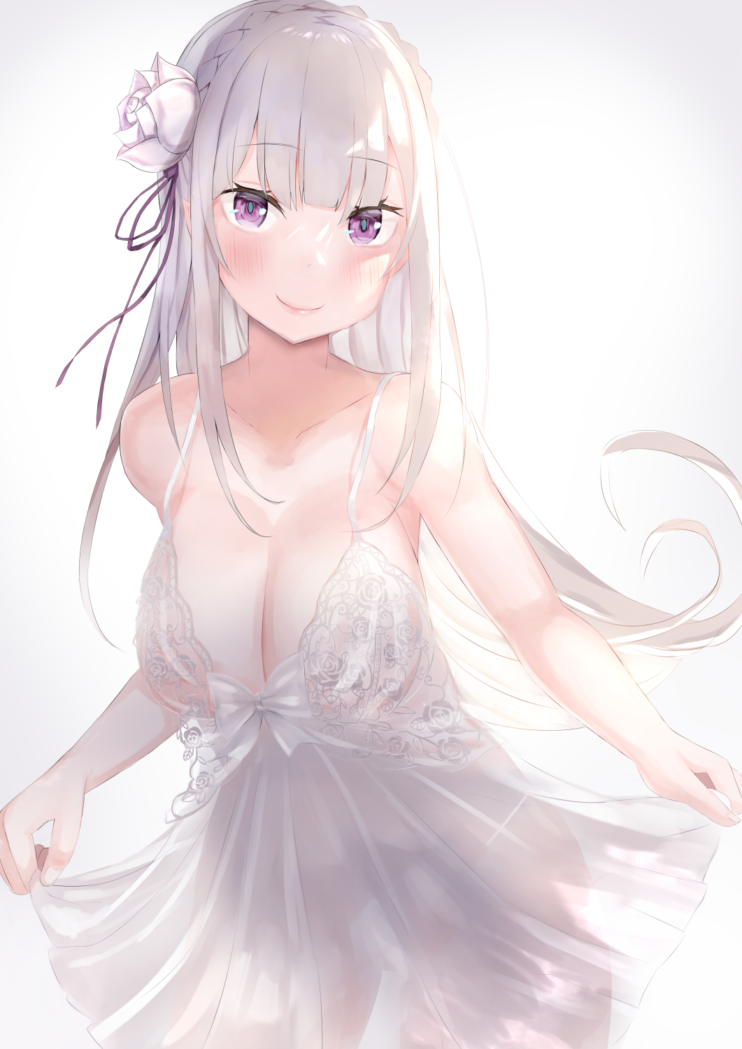 1girls big_breasts blush breasts cleavage dress elf elf_ears elf_female emilia_(re:zero) flower_in_hair highres long_hair pointy_ears purple_eyes purple_ribbon re:zero_kara_hajimeru_isekai_seikatsu rose see-through see-through_clothing silver_hair smile solo solo_female solo_focus teenage_girl teenager tomaco white_background