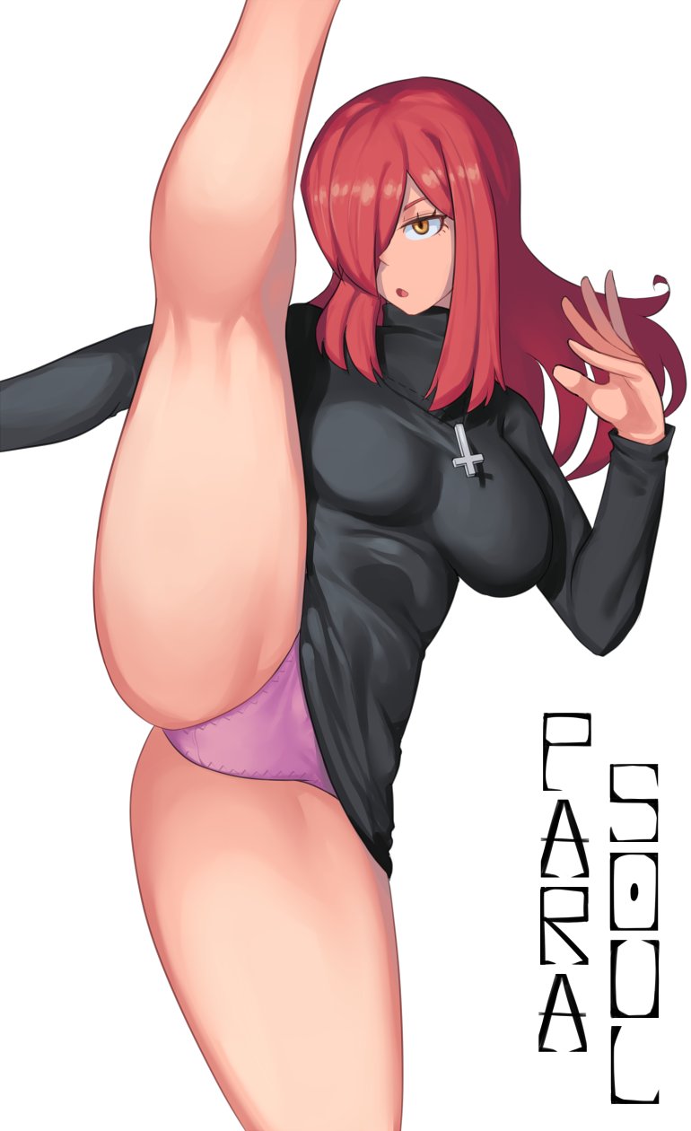 2022 cross cross_necklace dress hair_over_one_eye kicking long_hair necklace panties pantyshot parasoul pink_panties red_hair skullgirls standing suwaiya tagme thighs upskirt vertical_splits yellow_eyes