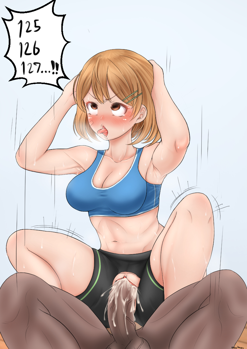 1boy 1girls ahe_gao armpits arms_behind_head arms_up bangs blonde_hair blue_sports_bra breasts cameltoe cum cum_in_pussy cum_inside dark-skinned_male female floor fucked_silly hair_between_eyes hair_ornament hairclip highres huge_breasts kantai_collection leggings looking_at_viewer mee_don mhaknow motion_lines navel oboro_(kantai_collection) open_mouth orange_eyes penis pussy shoes shorts simple_background smile socks speech_bubble sports_bra squatting stomach sweat torn_clothes vaginal_penetration white_background