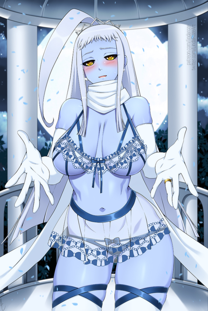 1girls, ahoge, black sclera, blue panties, blue skin, blush, breasts, cleavage, dullahan, earrings, female, female only, gloves, lala (monster musume), large breasts, lindaroze, lingerie, looking at viewer, monster musume no iru nichijou, navel, panties, ring, skindentation, solo, standing, tagme, thick thighs, thighhighs, thighs, wedding ring, white hair, yellow eyes