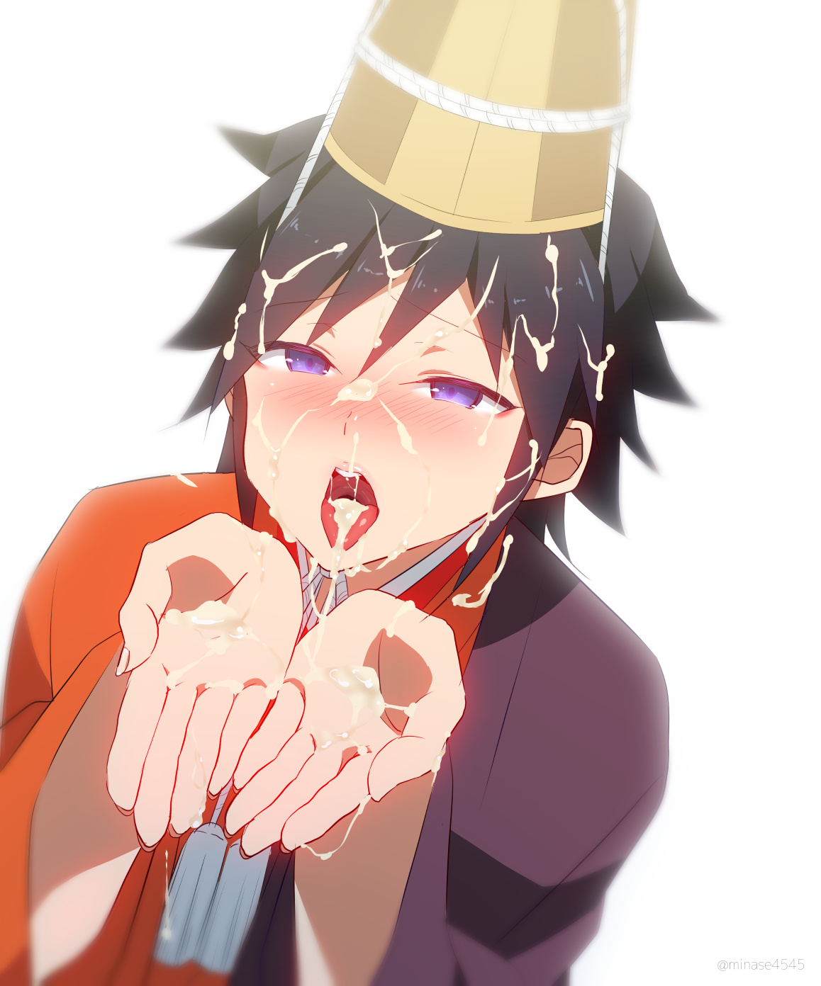after orgasm, alternate costume, black hair, blue eyes, blush, cum, cum in hands, cum in mouth, cum on face, cum on hair, demon slayer, gay, hat, headwear, japanese clothes, kimetsu no yaiba, male, male only, minase4545, offscreen male, open mouth, solo, tomioka giyuu, tongue, tongue out, upper body, yaoi