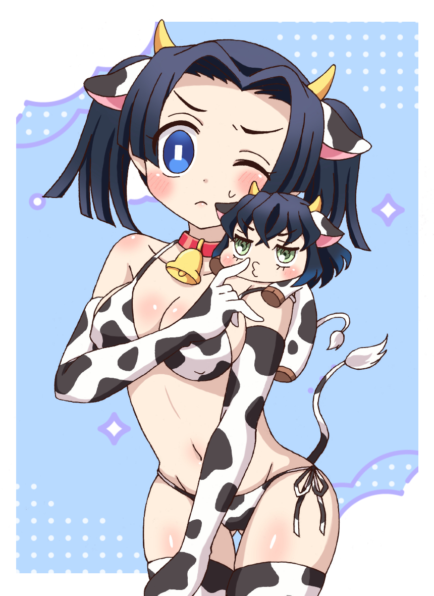 1boy, 1girls, alternate costume, bikini, black hair, blue eyes, blush, breasts, canon couple, chibi, cleavage, collarbone, cow bikini, cow ears, cow horns, cow print, cow print armwear, cow print thighhighs, cow tail, cowbell, cute, demon slayer, elbow gloves, embarrassed, female, female focus, frown, inosuke hashibira, kanzaki aoi (kimetsu no yaiba), kimetsu no yaiba, male, medium breasts, micro male, nipple bulge, one eye closed, side-tie bikini, sweatdrop, thigh gap, thighhighs, twintails