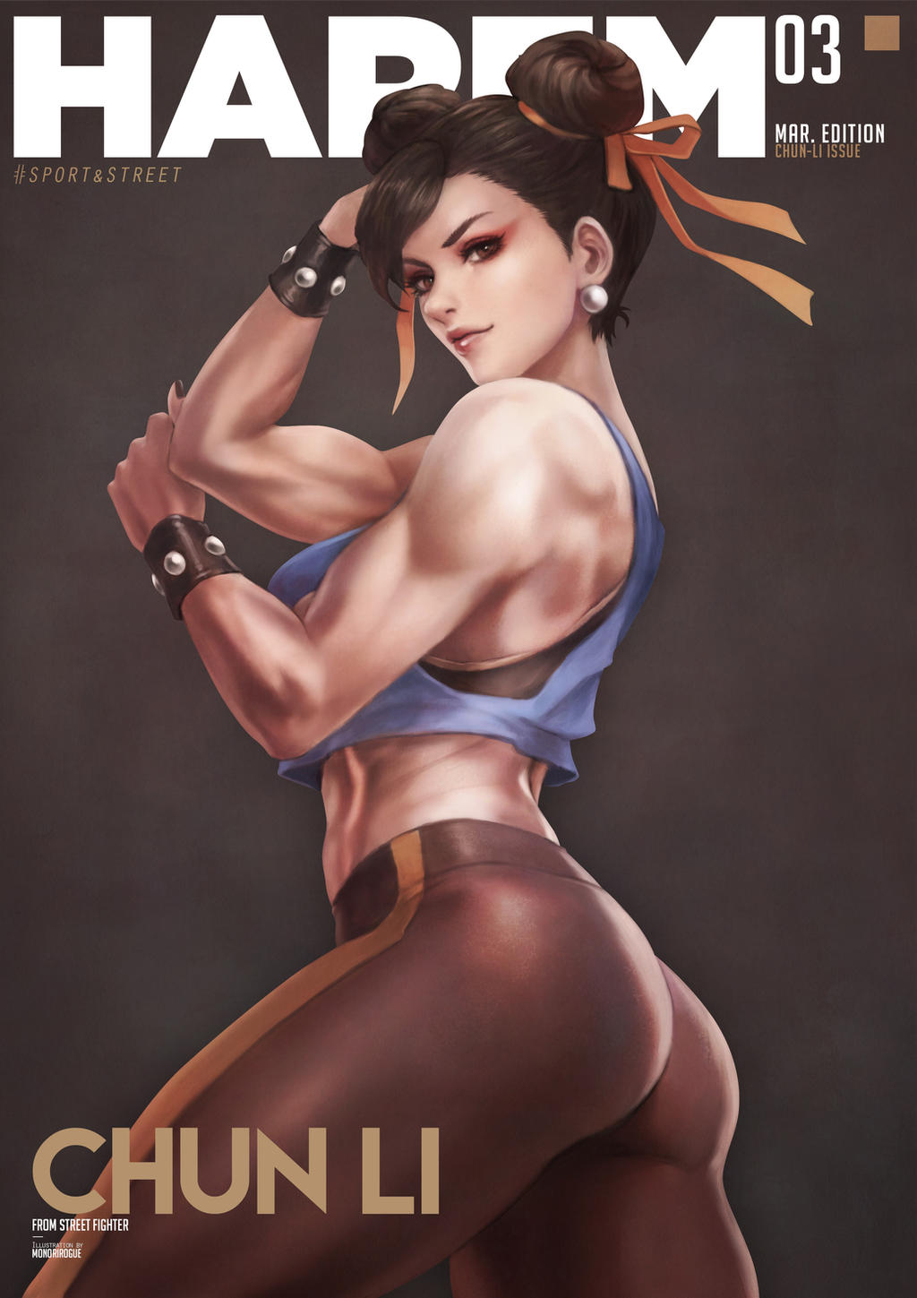 1girls absurdres adapted_costume ass biceps black_hair black_nails black_pants black_sports_bra blue_shirt breasts brown_eyes capcom character_name chun-li cover cowboy_shot crop_top cropped_vest double_bun earrings english_commentary eyeshadow fake_magazine_cover female female_only fingernails fully_clothed hair_ribbon highres jewelry lips looking_at_viewer magazine_cover makeup medium_breasts midriff monorirogue muscular muscular_female nail_polish nose orange_ribbon pants pose red_eyeshadow ribbon shirt short_hair solo sports_bra street_fighter striped studded_bracelet thick_thighs thighs tight tight_pants twisted_torso vertical_stripes vest yoga_pants