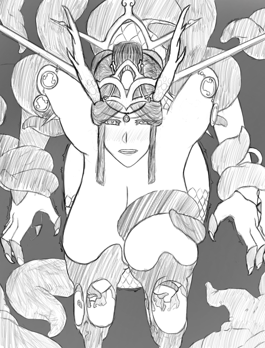 3rd_party_edit black_and_white blush breasts chinese_mythology curvy dragon_girl dragon_tail dragoness edit edited female goddess gritted_teeth horn horned_humanoid huge_breasts lactating lactation large_breasts looking_at_viewer milk milk_squirt milking_machine milking_tentacles mythic_heroes nuwa_(mythic_heroes) rape restrained scales sketch tail tentacle tentacle_grab tentacle_rape tentacle_sucking_breasts tentacle_suspension