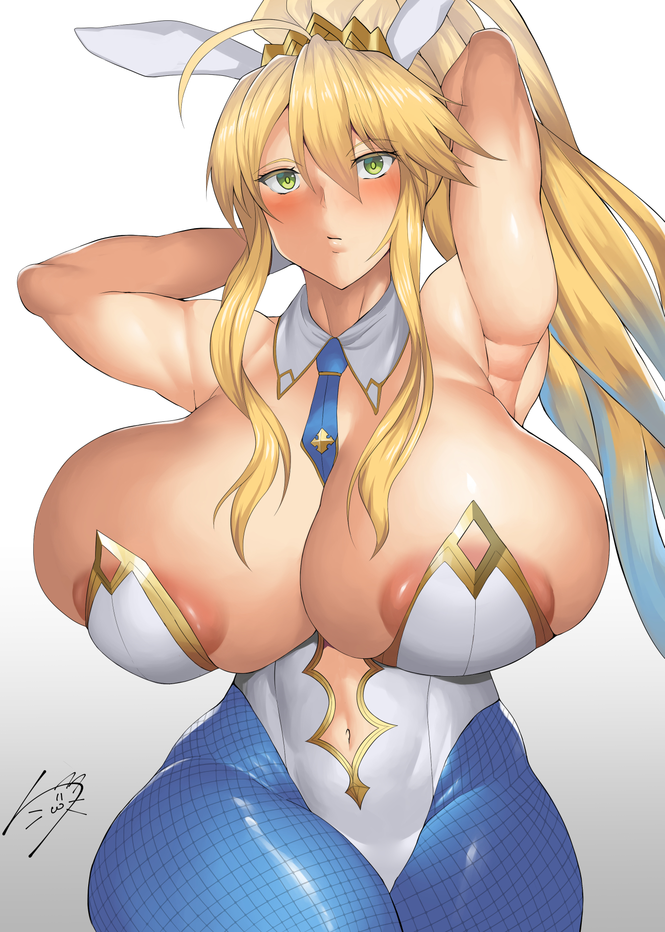 1girls, animal ears, arms behind head, arms up, artoria pendragon, artoria pendragon (swimsuit ruler), barely contained, breasts, bunny ears, bunnysuit, clothing, curvaceous, curves, curvy body, curvy female, curvy figure, curvy hips, fake animal ears, fate (series), fate/grand order, female, female only, green eyes, hi res, long hair, mature female, nobunyan (ndns8438), overflowing breasts, plain background, simple background, solo female, white background, wide hips