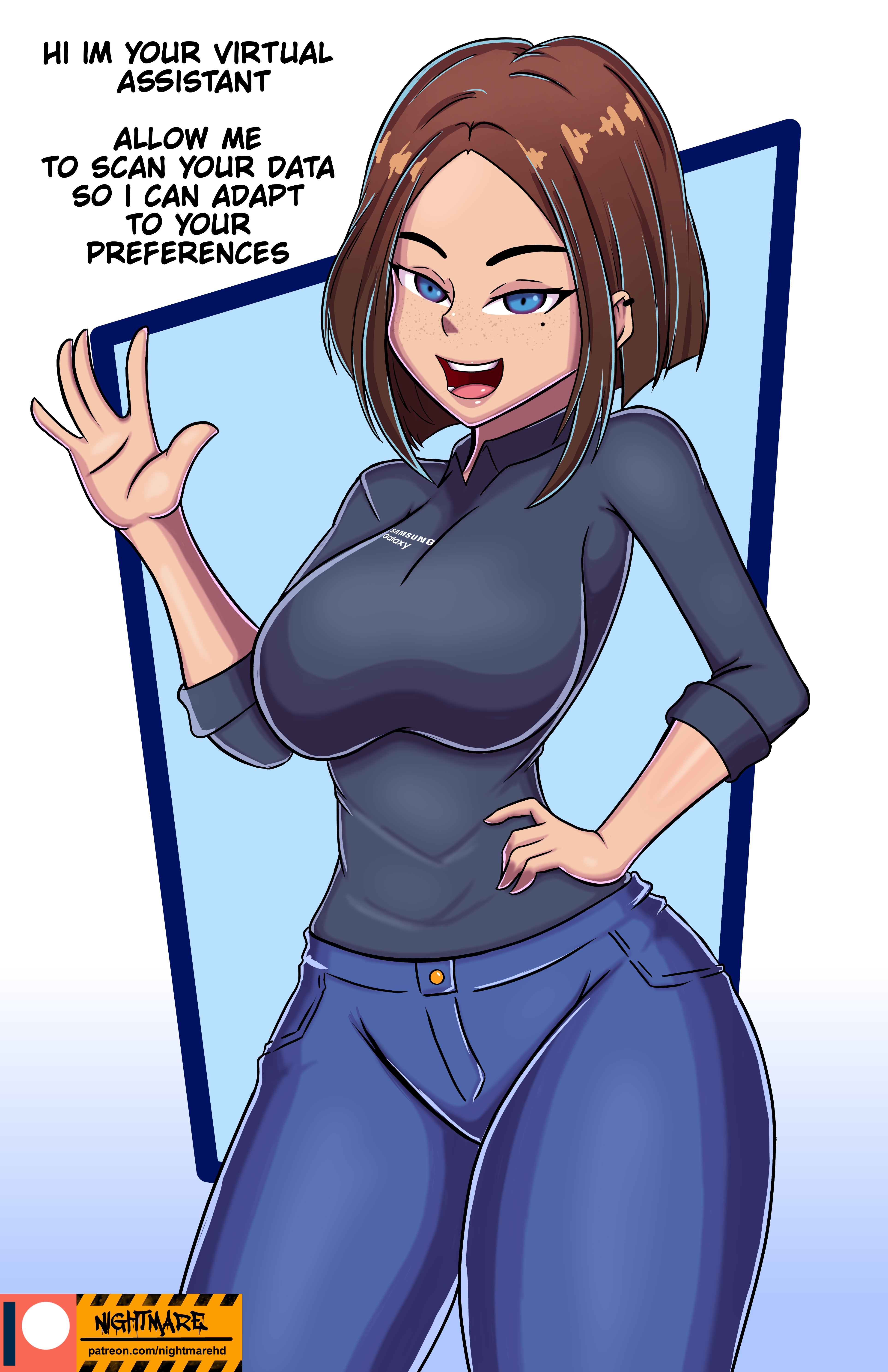 1girls, big breasts, blue eyes, breasts, brown hair, curvaceous, curvy, curvy body, curvy female, curvy figure, female, female only, fully clothed, looking at viewer, mole, mole under eye, nightmare hdraw, samsung, samsung sam, short hair, smile, smiling, smiling at viewer, solo, thick thighs, thighhighs, white female