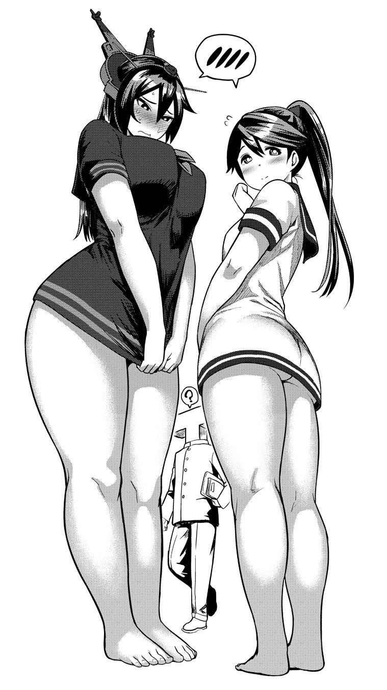 1boy 2girls ? ass bare_legs barefoot blush bottomless breasts dress dress_tug embarrassed full_body greyscale headgear highres houshou_(kantai_collection) kantai_collection kneepits large_breasts legs long_hair microdress monochrome multiple_girls nagato_(kantai_collection) naked_shirt no_pants photoshop_(medium) ponytail sailor_dress shirt shirt_tug simple_background smile standing synecdoche t-head_admiral toes white_background