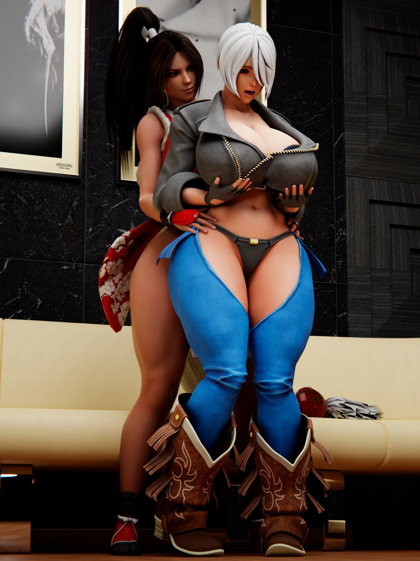 2girls, 3d, angel (kof), ass, backless gloves, big ass, big breasts, blue clothing, blue pants, boots, breast grab, breasts, brown boots, chaps, cowboy boots, cropped jacket, crotchless, crotchless clothes, crotchless pants, fatal fury, female, female only, gloves, hips, king of fighters, kunoichi, latina, light skin, light-skinned female, mai shiranui, mexican, milf, pants, snk, snoopz, teenager, white hair, wide hips, younger female