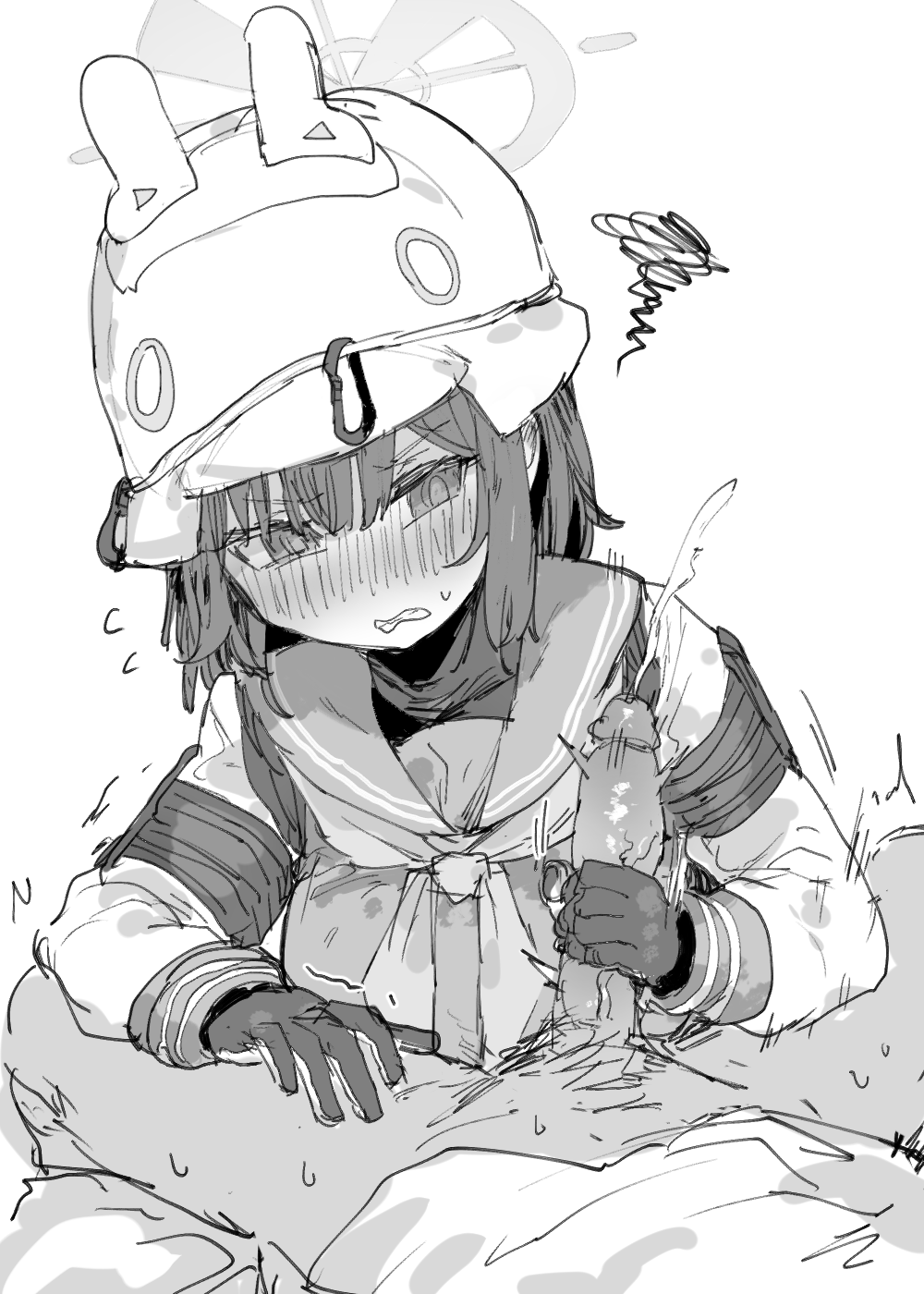 013_(hamsasuke) 1boy blue_archive blush clenched_teeth cum ejaculation erection female flying_sweatdrops gloved_handjob gloves greyscale hair_between_eyes halo handjob helmet highres long_sleeves looking_at_penis monochrome neckerchief penis projectile_cum rabbit_squad_(blue_archive) sailor_collar saki_(blue_archive) simple_background solo_focus squiggle srt_special_academy_student straight teeth uncensored white_background