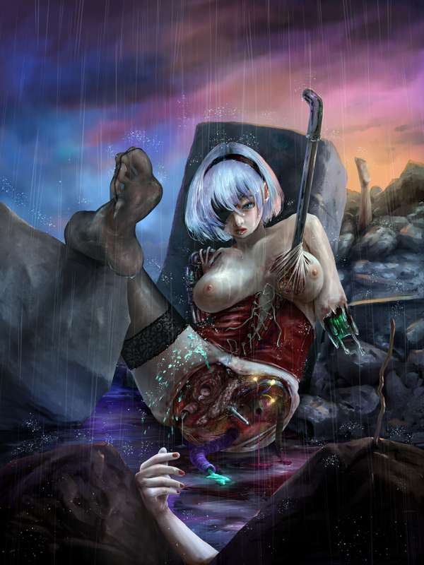 amaterasutakaou, amputee, android, defeated heroine, dismemberment, female, gore, guro, impaled, nier: automata, robot gore, severed arm, stockings, yorha 2b