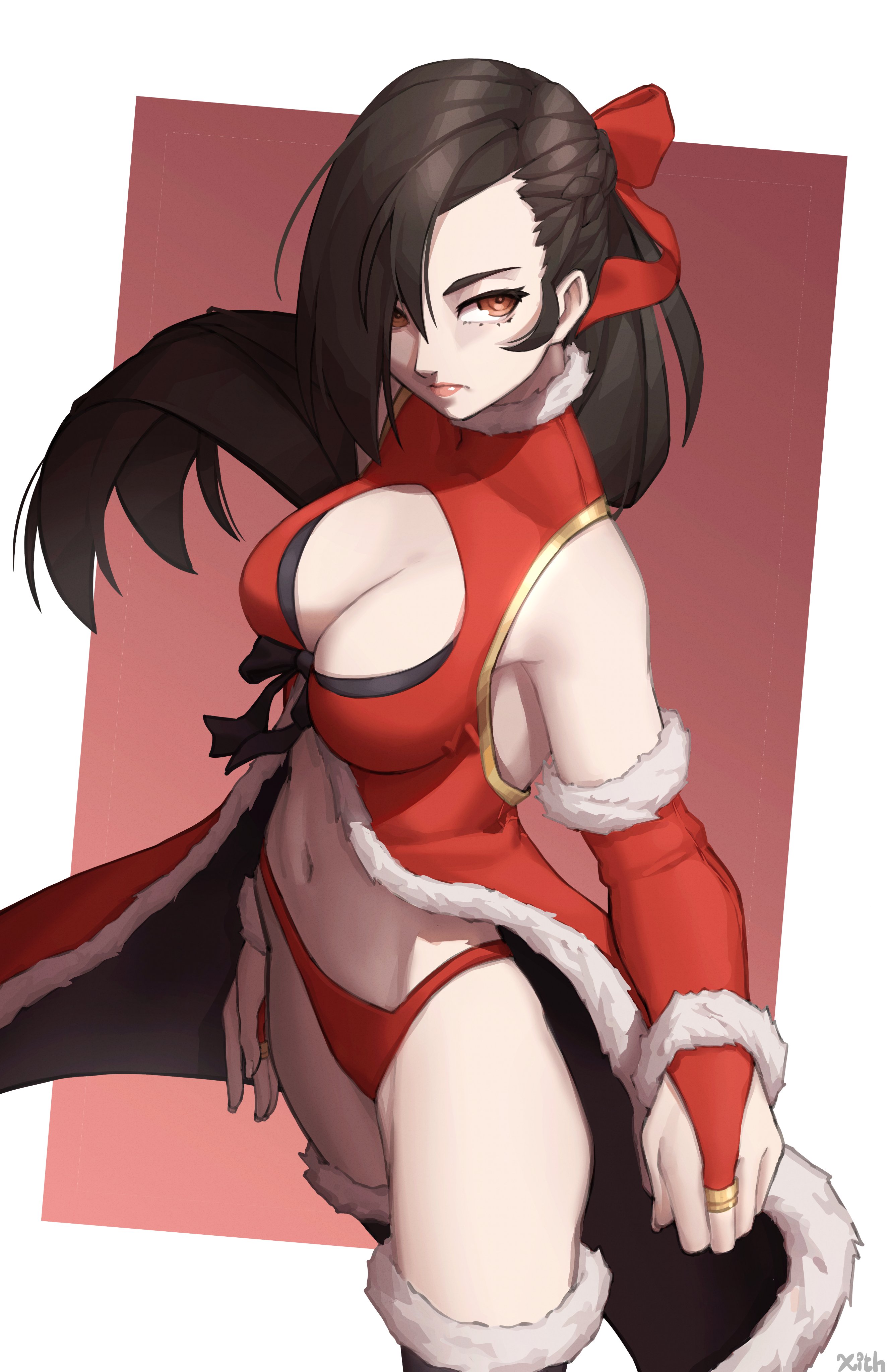 1girls, absurdres, alternate costume, black hair, breasts, brown eyes, christmas, cleavage, cleavage cutout, clothing cutout, female, female only, fingerless gloves, fire emblem, fire emblem fates, gloves, hair over one eye, highres, kagero (fire emblem), large breasts, long hair, nintendo, panties, ponytail, red gloves, red panties, santa costume, simple background, thighhighs, thighs, underwear, x xith x