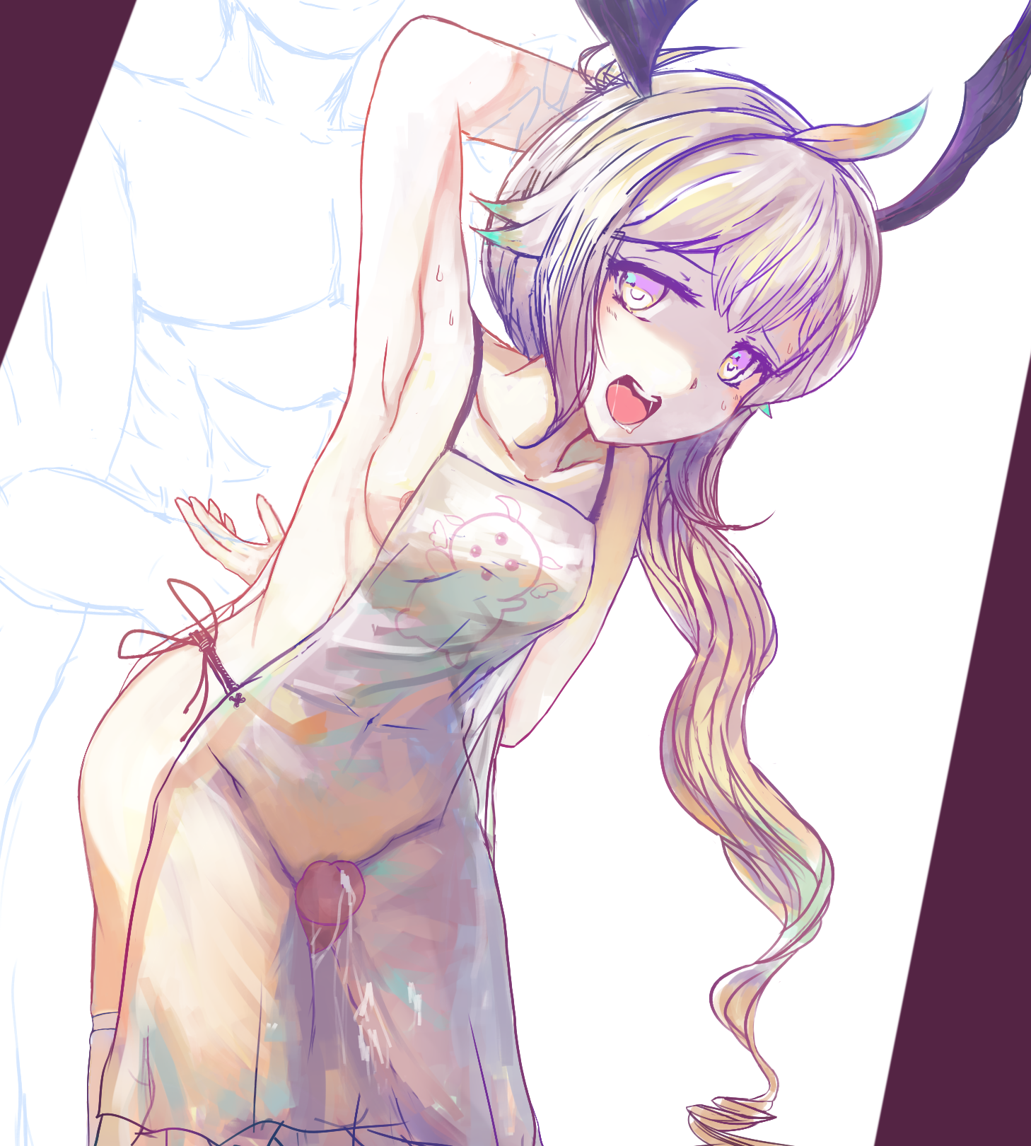 apron, arms behind back, cum, enna alouette, grabbing from behind, long hair, male, naked apron, nijisanji, nijisanji en, penis, penis between legs, purple eyes, sketch, virtual youtuber, white hair