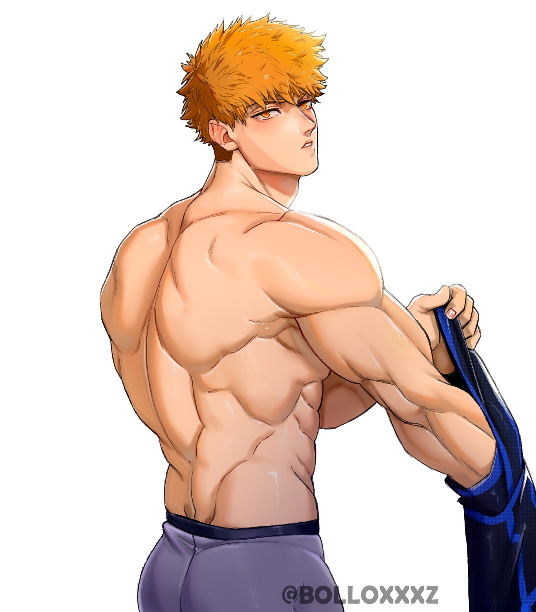 1boy, artist name, back muscles, blue lock, blush, blush lines, blushing, blushing at viewer, bolloxxxz, from behind, gay, hands up, kunigami rensuke, looking at viewer, male, male only, muscles, muscular, muscular male, orange eyes, orange hair, parted lips, shiny, shiny clothes, shiny hair, shiny skin, simple background, soccer, soccer uniform, teeth, underwear, white fur