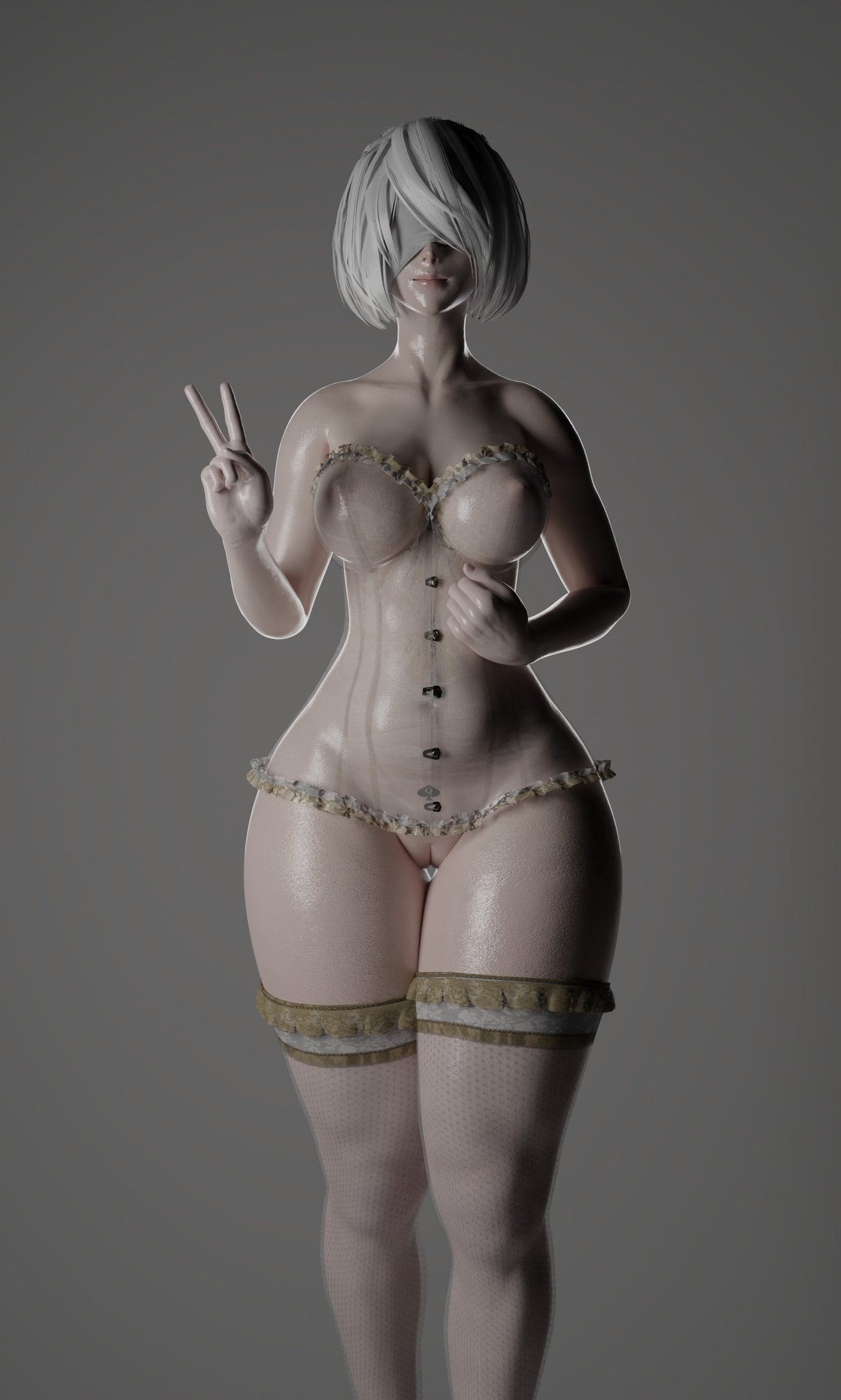 1girls, 3d, breasts, female, highres, light skin, light-skinned female, mask, nier (series), nier: automata, pale skin, pale-skinned female, peace sign, pepegamega, pussy, queen of spades, see-through, see-through clothing, solo female, solo focus, tattoo, v sign, white background, white clothing, yorha 2b