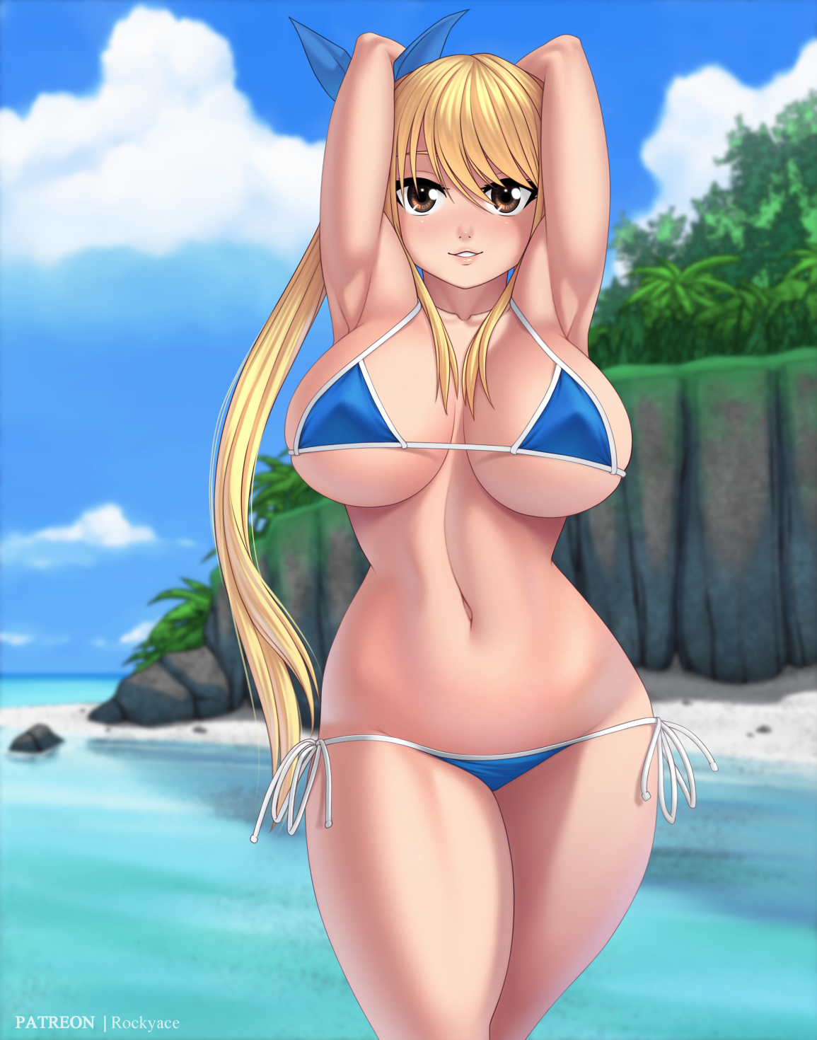 1girls, alternate version available, armpits, arms behind head, beach, big breasts, bikini, blonde hair, breasts, brown eyes, busty, fairy tail, female, female only, hourglass figure, huge breasts, long hair, looking at viewer, lucy heartfilia, ponytail, pose, posing, rocky-ace, seaside, smile, voluptuous