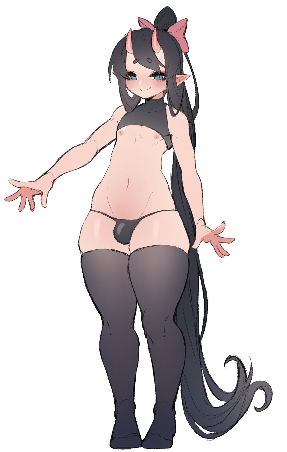 1boy, 2021, black hair, bulge, clothed, clothing, demon, demon horns, femboy, flat chest, girly, hairbow, horns, humanoid, light skin, light-skinned femboy, light-skinned male, long hair, male, male only, nipples, oni, panties, partially clothed, ponytail, skindentation, solo, standing, thick thighs, thighhighs, tight clothing, trap, very long hair, wide hips, womchi, womchi (character)