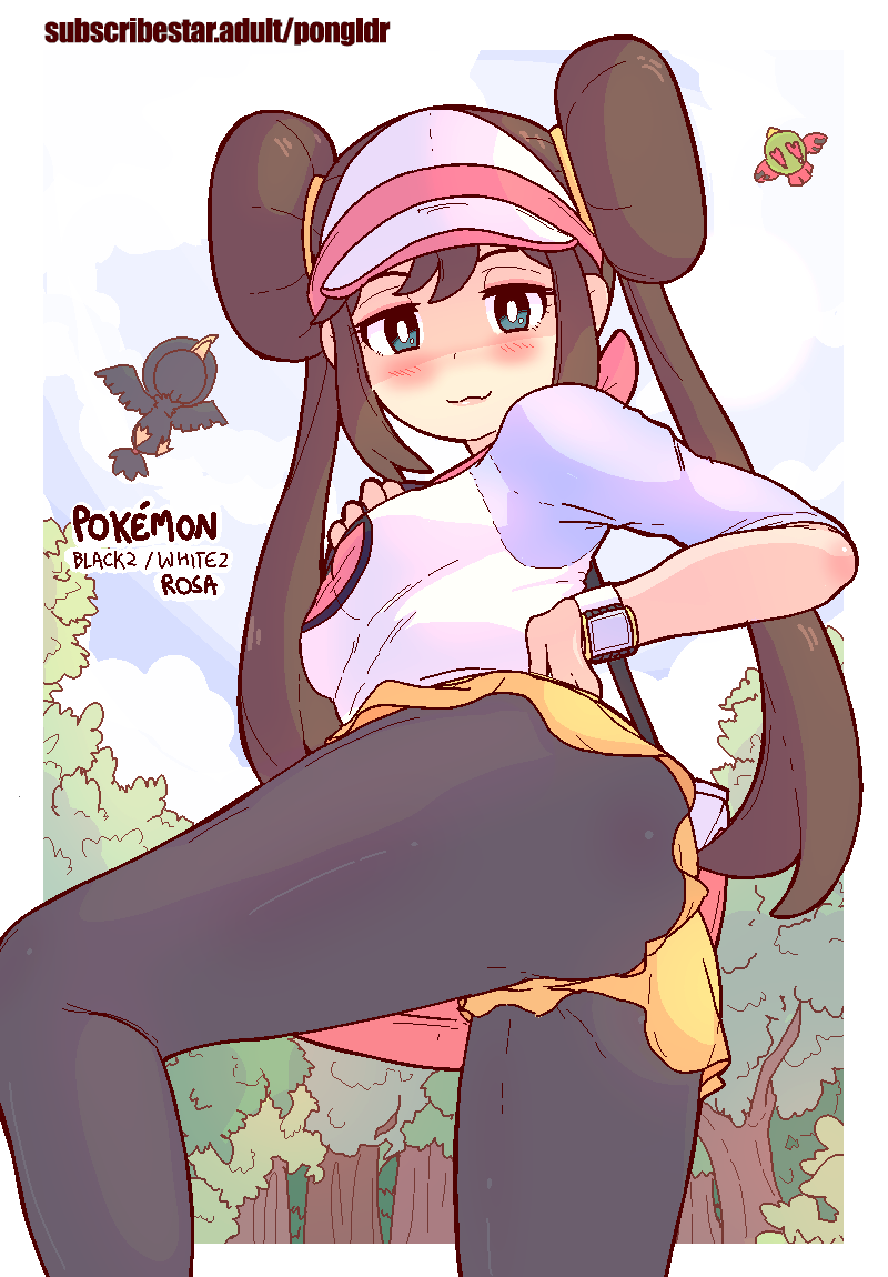 ass black_legwear blue_eyes blush border breasts english_text female hair_bun hair_ornament legs legwear legwear_under_shorts long_hair medium_breasts murkrow natu nintendo outdoors pokemon pokemon_bw2 pongldr rosa_(pokemon) self_upload shirt short_shorts shorts simple_background smile solo_focus standing thick_thighs thighs twintails underboob white_border