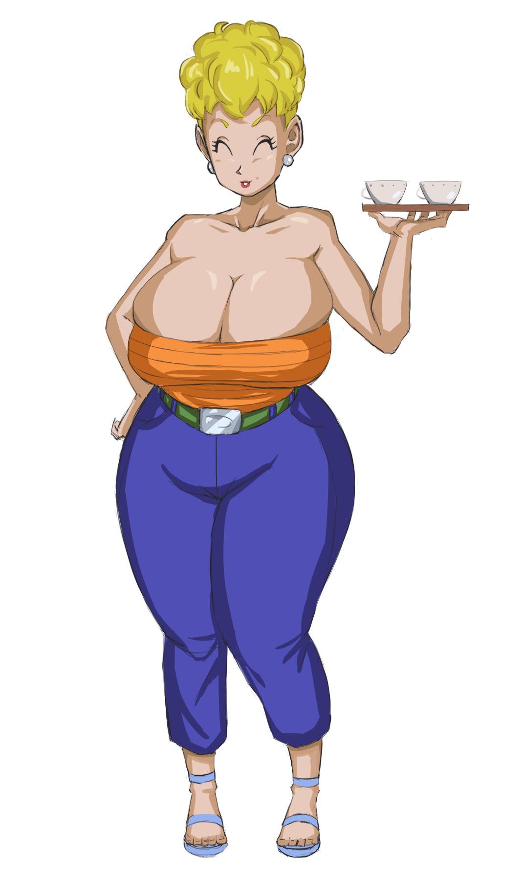 barely contained, belt, belt buckle, blonde hair, blue jeans, breasts, cleavage, cleavage overflow, clothed, clothed female, dragon ball, drinks, eyes closed, female, full body, full-length portrait, gilf, grandmother, granny, hand on hip, huge breasts, jeans, knees together feet apart, large breasts, milf, orange tubetop, panarandom, panchy, panchy (dragon ball), panchy briefs, pants, portrait, sandals, serving tray, short hair, slanted eyes, smile, standing, thick thighs, waitress, white background, wide hips, yellow hair