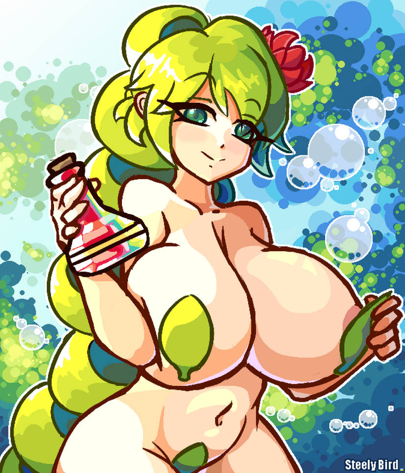 1girls, big breasts, breasts, dryad (terraria), female, flower in hair, green eyes, green hair, holding object, huge breasts, large breasts, looking at viewer, looking pleasured, potion, smile, solo, steely bird, terraria, tied hair, wide hips