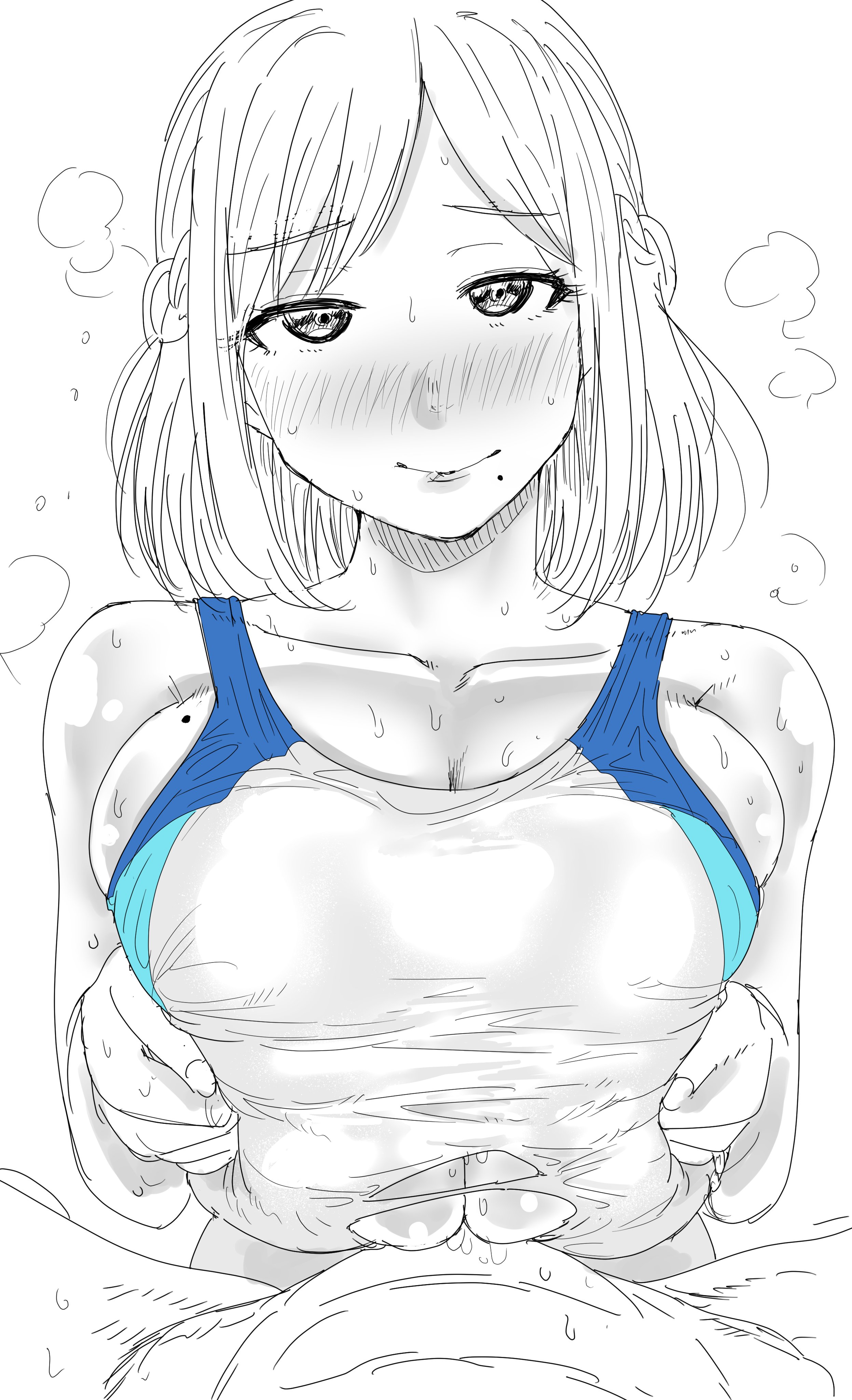 1boy, 1girls, big breasts, blush, breast grab, breast hold, breasts, cum, cum between breasts, ejaculation between breasts, engulfing paizuri, female, greyscale, happy, happy paizuri, happy sex, huge breasts, kaiman garupan, large breasts, looking at viewer, male, moira (nijisanji), mole, mole under mouth, nijisanji, one-piece swimsuit, paizuri, paizuri lead by female, paizuri on lap, paizuri under clothes, pov, pov eye contact, pov paizuri, smile, straight, sweat, swimsuit, virtual youtuber