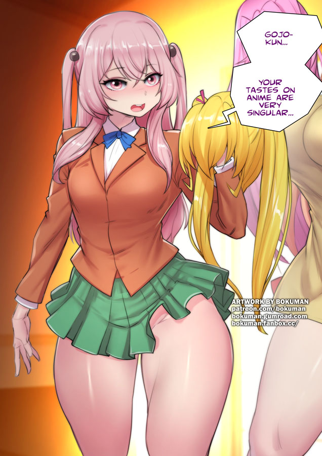 2girls, asakura mao (cosplay), big breasts, bokuman, breasts, clothed, clothing, cosplay, female, female only, fully clothed, futabu, gyaru, huge breasts, human, inui sajuna, kitagawa marin, light skin, light-skinned female, long hair, medium breasts, miniskirt, pale skin, pink hair, skirt, solo focus, sono bisque doll wa koi wo suru, speech bubble, standing, text, thick thighs, thighs, topless, wide hips