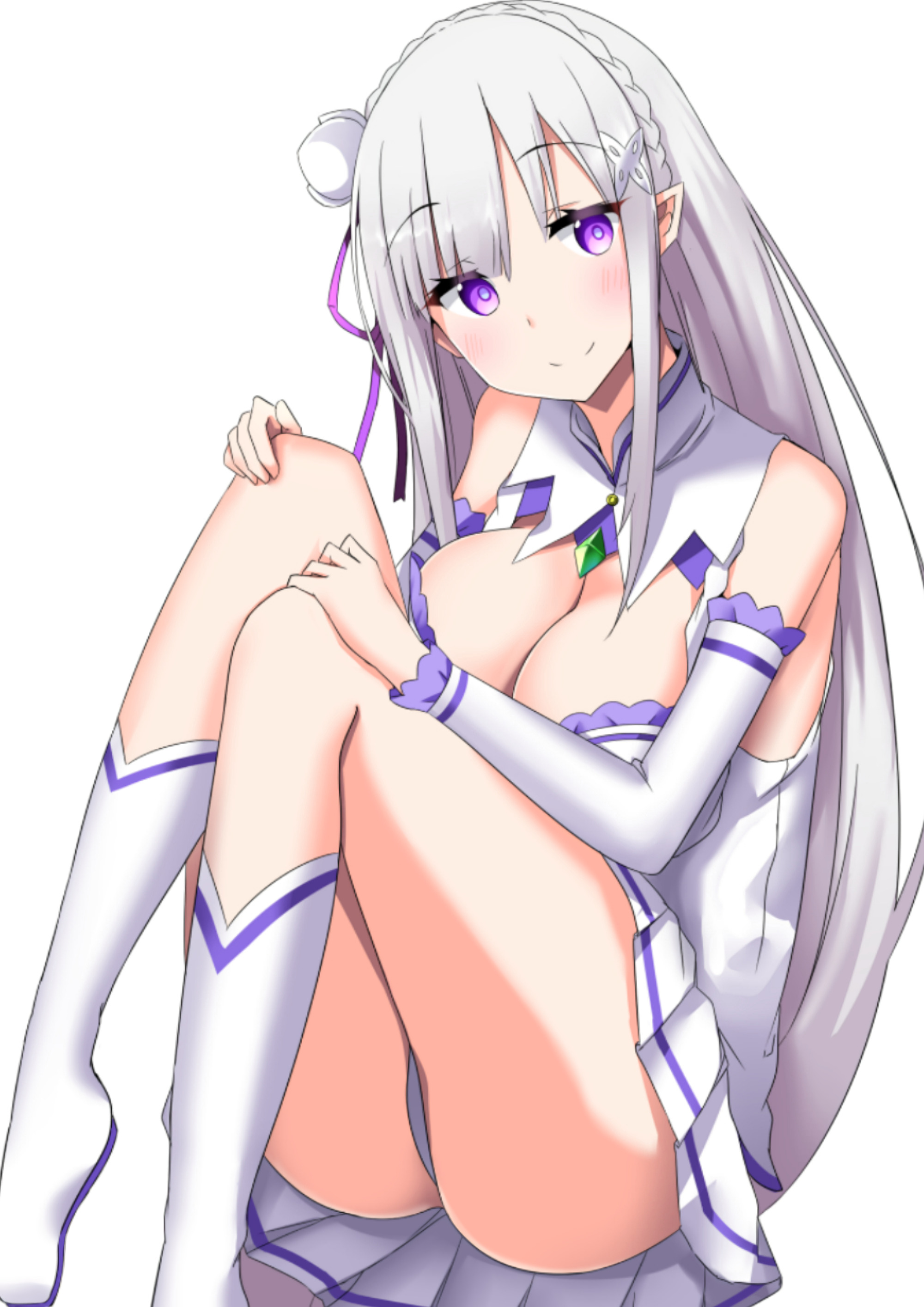 :), 1girls, ass, blush, boots, breasts, cleavage, elf, elf female, emilia (re:zero), female, hair flower, hair ornament, hair ribbon, hairclip, hands on knees, highres, knees on chest, large breasts, long hair, looking to the side, minato yoshihiro, miniskirt, panties, pantyshot, pointy ears, purple eyes, purple ribbon, re:zero kara hajimeru isekai seikatsu, rose, silver hair, sitting, smile, solo, solo female, solo focus, teenage female, teenager, white background, white panties