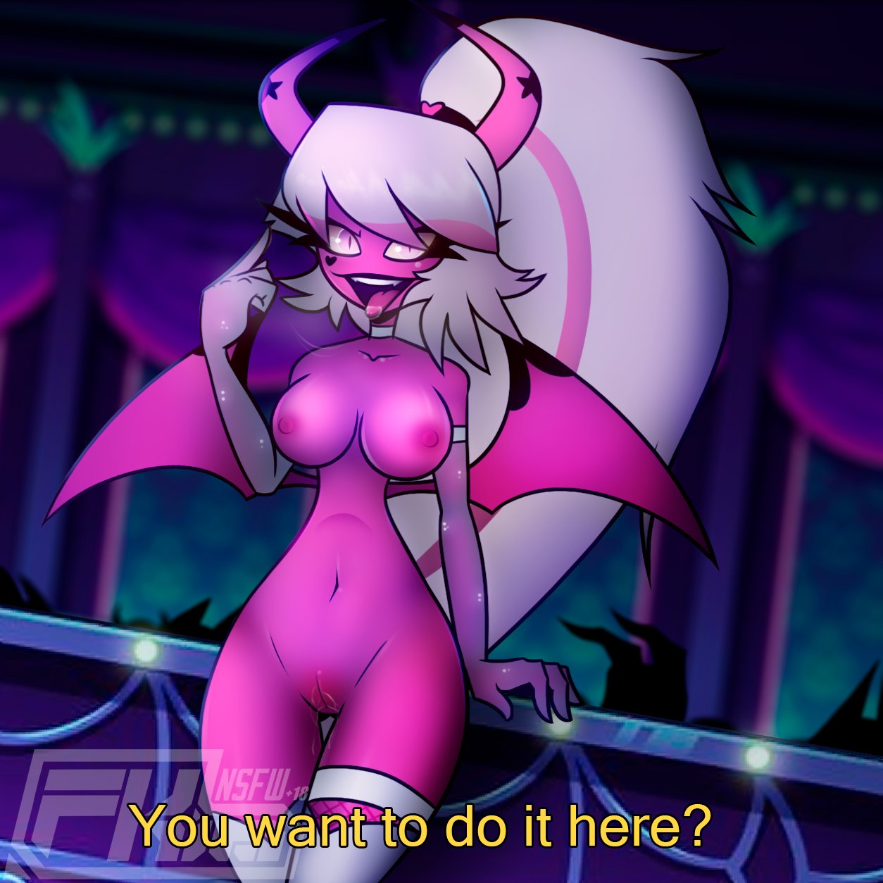 1girls, 2022, breasts, choker, demon, dialogue, female, fkimnsfw, gloves, hairband, helluva boss, horns, lipstick, long hair, looking at viewer, naked, nipples, open mouth, pink eyes, pink highlights, pink skin, ponytail, pussy, pussy juice, solo, stockings, succubus, text, tongue, tongue out, verosika mayday (helluva boss), vivienne medrano, white hair, wings