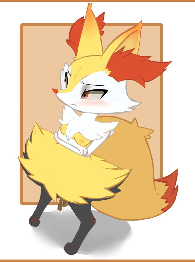 anthro blush bodily_fluids braixen breasts crossed_arms female genital_fluids looking_back nintendo penetration pokémon_(species) pokemon pokemon_(species) pussy_juice shdingo solo vaginal_penetration video_games