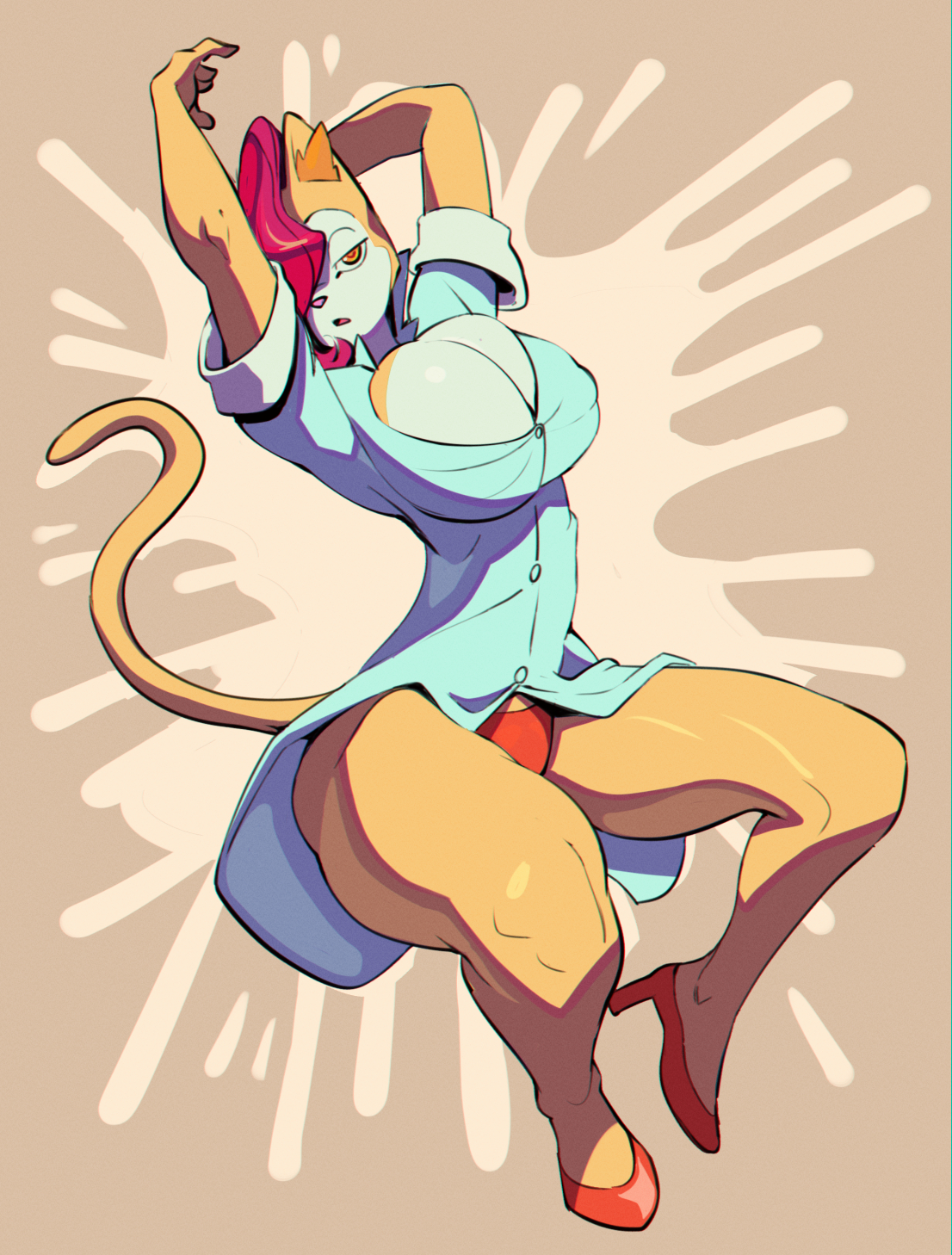 1girls, 2022, anthro, arms above head, arms up, big breasts, boob window, breasts, cat humanoid, cat tail, ear tuft, feline, feline humanoid, feliscede, female, female only, furry, furry female, furry only, hair, hair over one eye, heels, looking at viewer, mammal, mammal humanoid, monique pussycat, open mouth, orange eyes, panties, pink nose, red hair, red panties, solo, solo female, super fuck friends, tagme, tail, tuft, white body, white sclera, yellow body