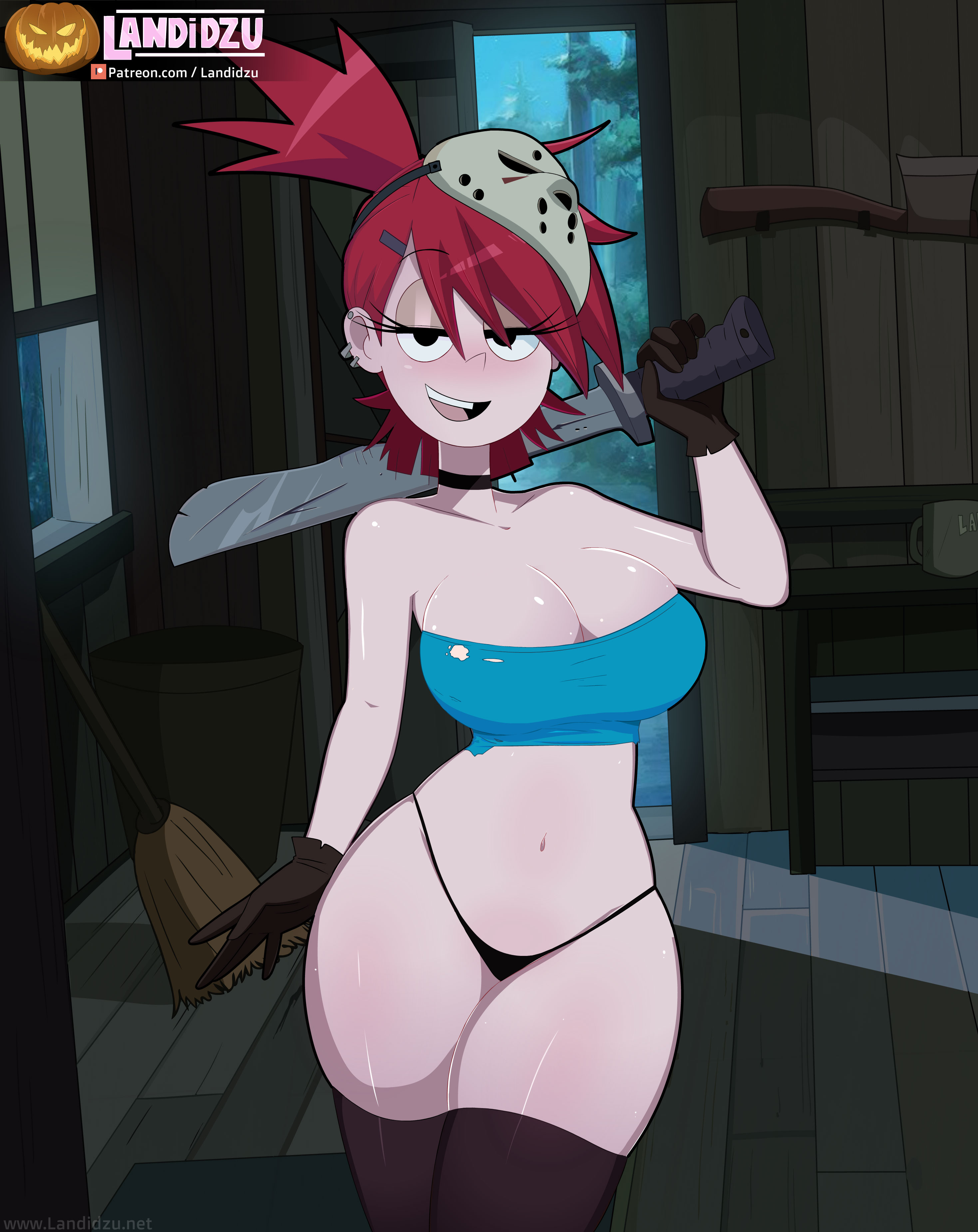 1girls, big breasts, blush, breasts, busty, cartoon network, female, female only, foster's home for imaginary friends, frankie foster, friday the 13th, gloves, jason voorhees (cosplay), landidzu, looking at viewer, mask, mask on head, panties, red hair, solo, solo female, staring at viewer, sword, tagme, thick thighs, thighhighs, thighs, voluptuous