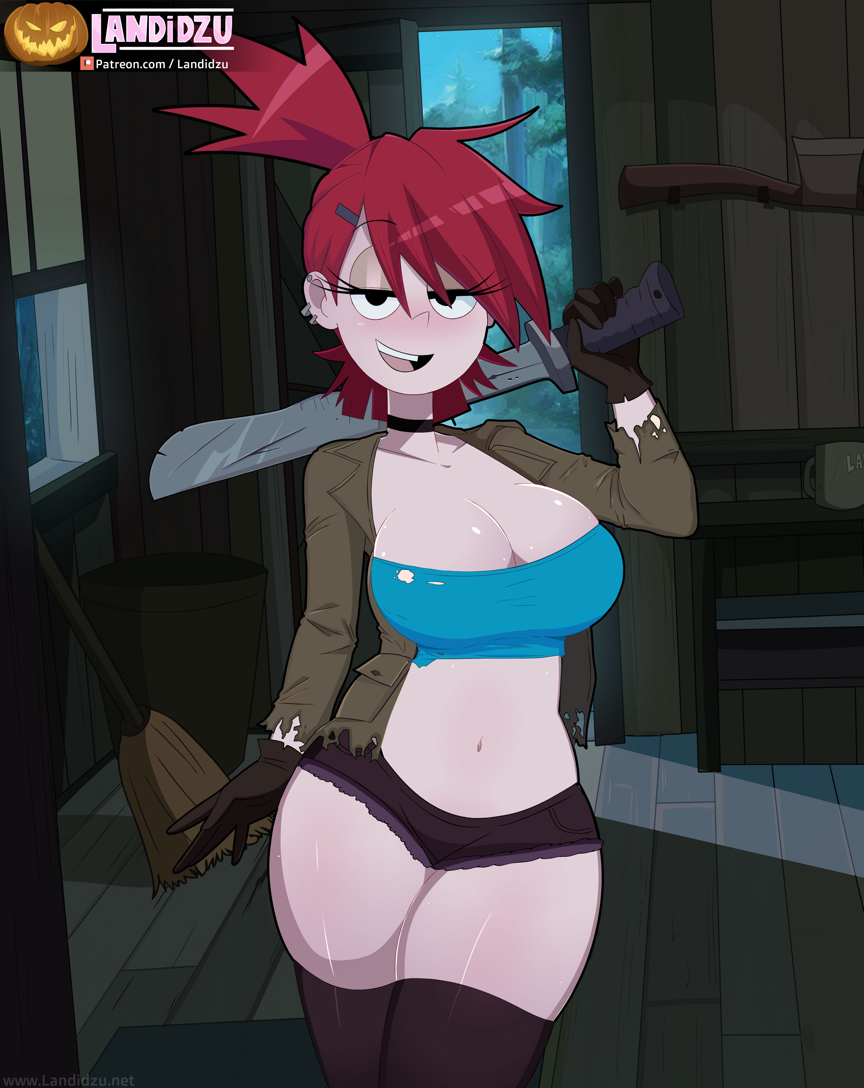 1girls, big breasts, blush, breasts, busty, cartoon network, female, female only, foster's home for imaginary friends, frankie foster, friday the 13th, gloves, jacket, jason voorhees (cosplay), landidzu, looking at viewer, red hair, solo, solo female, staring at viewer, sword, tagme, thick thighs, thighhighs, thighs, voluptuous