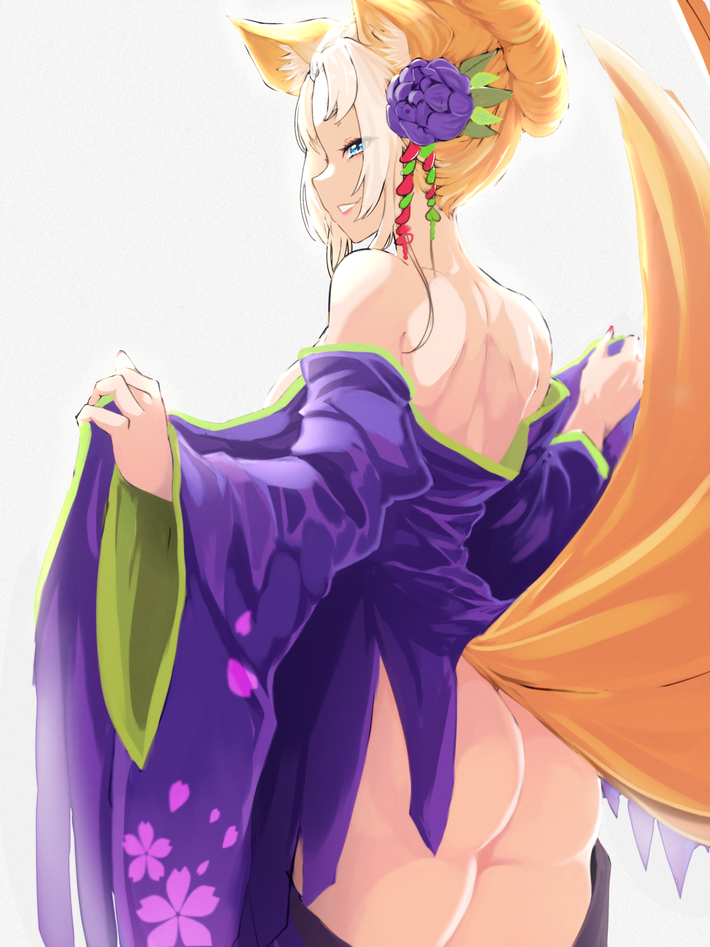 animal ears, ass, ass crack, barto, blonde hair, blue eyes, butt crack, hair ornament, kimono, kimono lift, kitsune, multi tail, re:zero kara hajimeru isekai seikatsu, standing, tail, tails, thighs, undressing, yorna mishigure, zerobarto