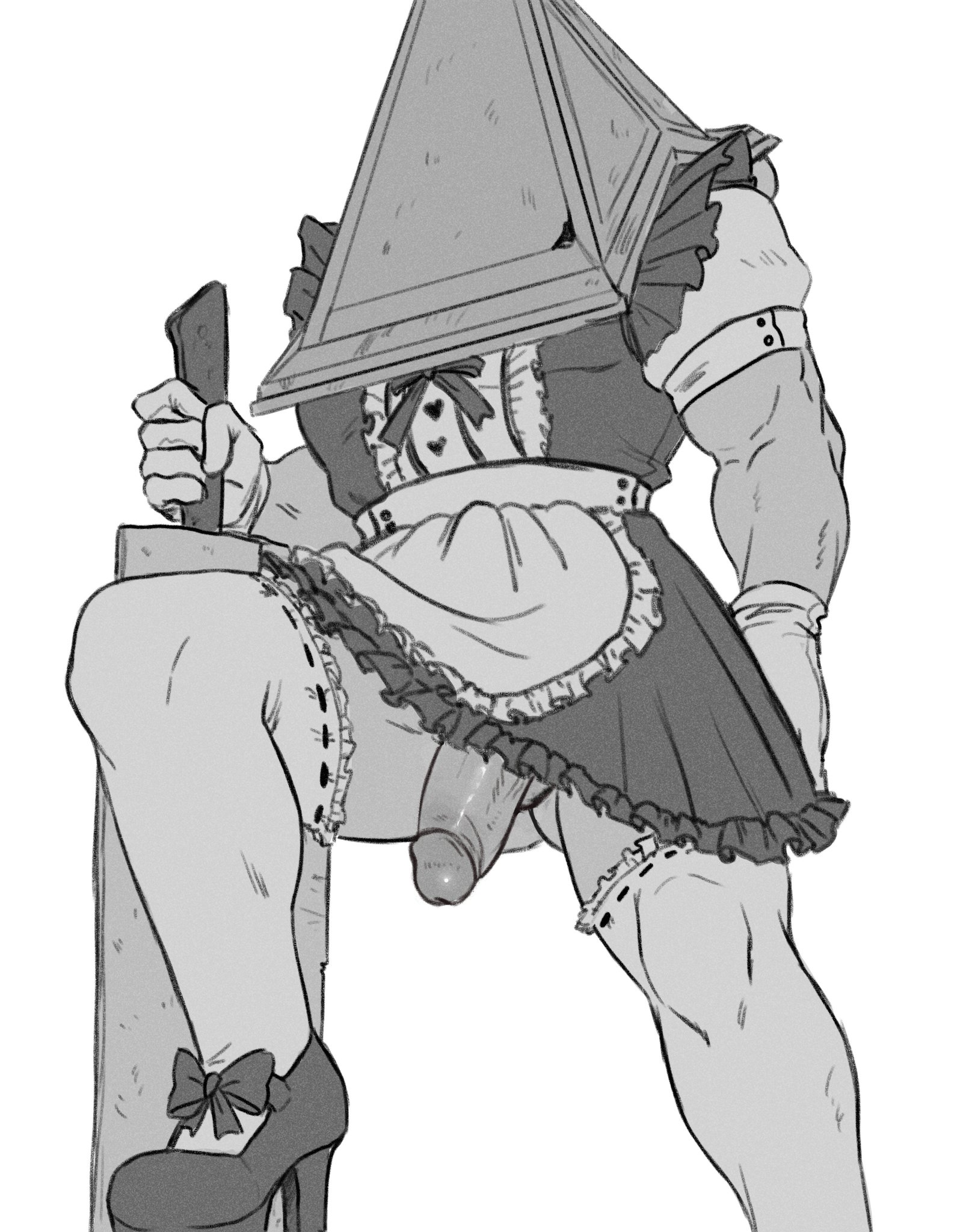 1boy, alternate costume, apron, big penis, crossdressing, flaccid, frilled dress, frilled legwear, gloves, helmet, high heels, humanoid, maid uniform, male, male only, monochrome, monster, mozgistired, muscular, muscular male, no underwear, penis, pyramid head, short dress, short sleeves, silent hill, silent hill 2, solo, thighhighs, uncensored, weapon
