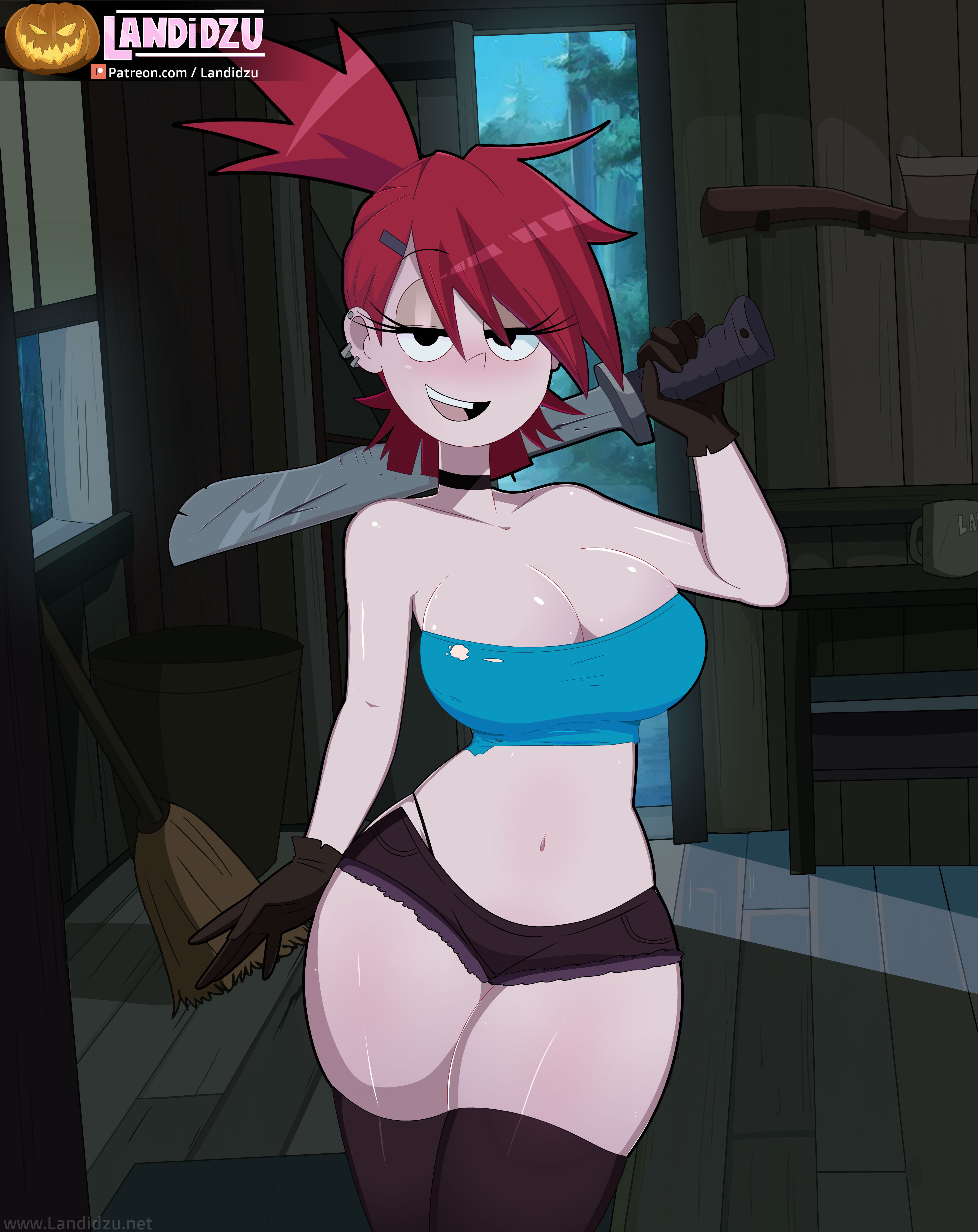 1girls, big breasts, blush, breasts, busty, cartoon network, female, female only, foster's home for imaginary friends, frankie foster, friday the 13th, gloves, jason voorhees (cosplay), landidzu, looking at viewer, red hair, solo, solo female, staring at viewer, sword, tagme, thick thighs, thighhighs, thighs, voluptuous