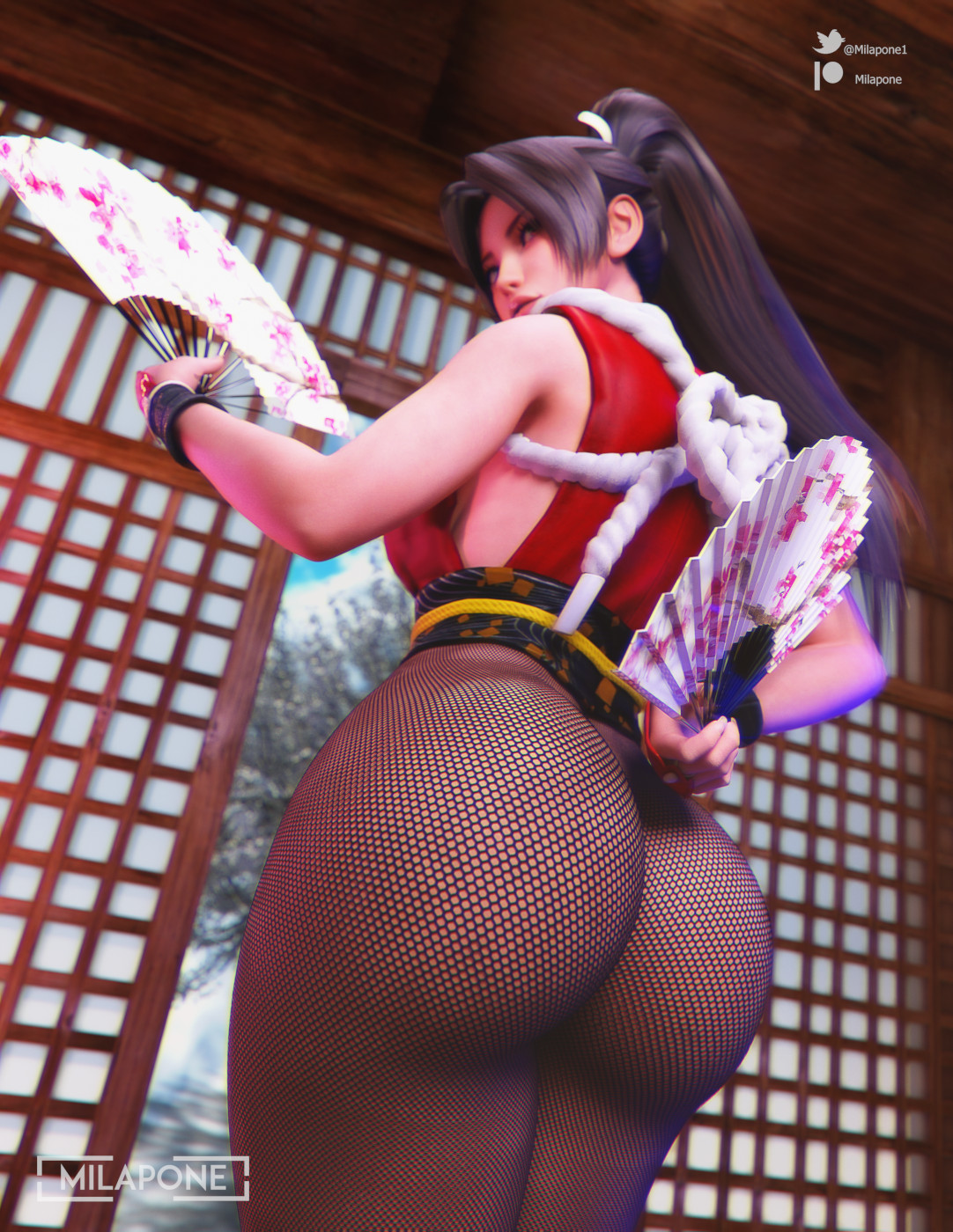 1girls, 3d, absurd res, ass, fatal fury, female, female only, fishnets, hi res, king of fighters, large ass, looking back, mai shiranui, milapone, snk, solo