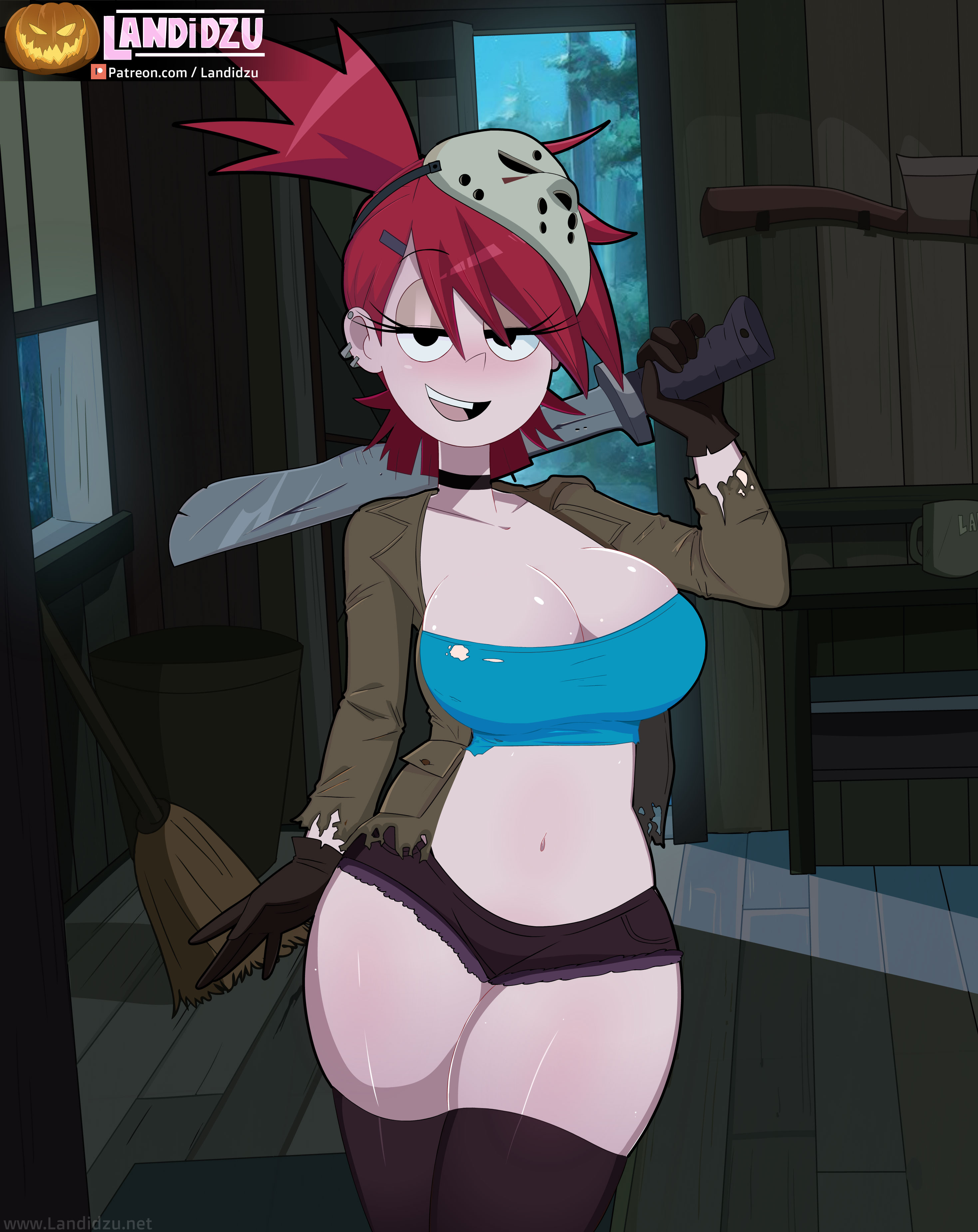 1girls, 2022, 2d, 2d (artwork), alternate version available, big breasts, blush, breasts, busty, cartoon network, clothed, clothed female, female, female only, foster's home for imaginary friends, frankie foster, friday the 13th, gloves, human, human only, jacket, jason voorhees (cosplay), landidzu, looking at viewer, machete, melee weapon, pale-skinned female, questionable, red hair, shorts, solo, solo female, staring at viewer, sword, thick thighs, thighhighs, thighs, voluptuous, weapon