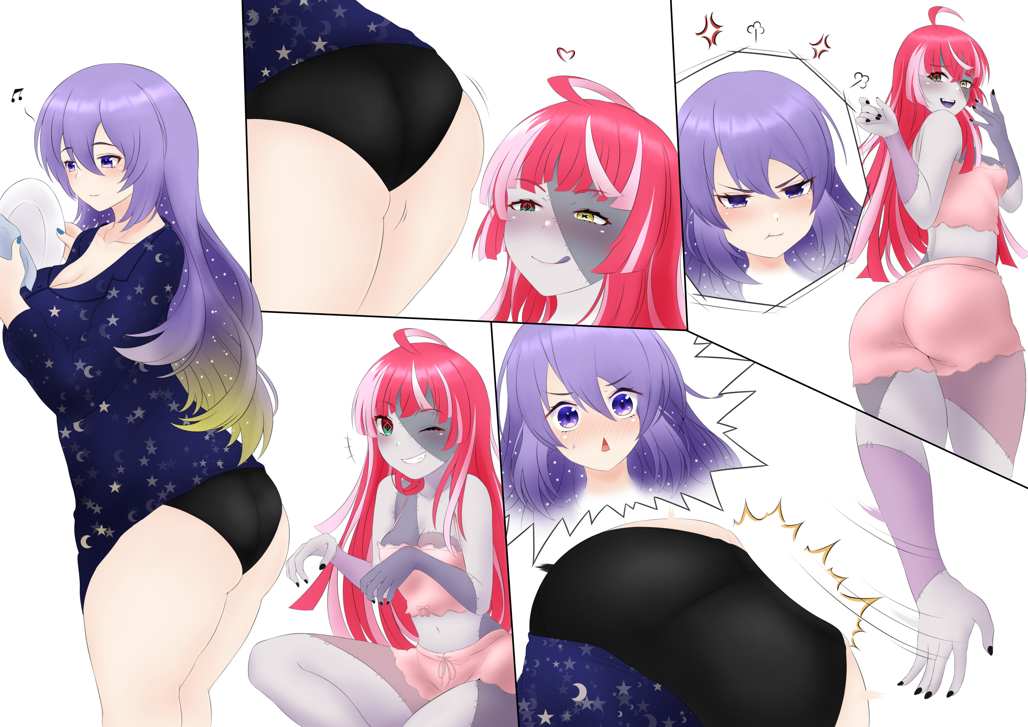 2girls, absurdres, ahoge, anger vein, angry, ass, bare shoulders, big ass, big breasts, blonde hair, blush, breasts, camisole, dress, female, female focus, female only, from above, gown, gradient hair, green eyes, heterochromia, highres, hololive, hololive indonesia, hololive indonesia area 15, hololive indonesia holoro, huge ass, kureiji ollie, large breasts, long hair, looking back, mhaknow, moona hoshinova, multicolored hair, multiple females, multiple girls, oerba yun fang, open mouth, panties, patchwork skin, pink hair, purple eyes, purple hair, red hair, shiny, shiny clothes, shiny hair, shiny skin, short shorts, shorts, sideboob, smile, spanked, surprised, thick thighs, thighs, two-tone hair, underwear, very long hair, virtual youtuber, youtube, youtuber, zombie