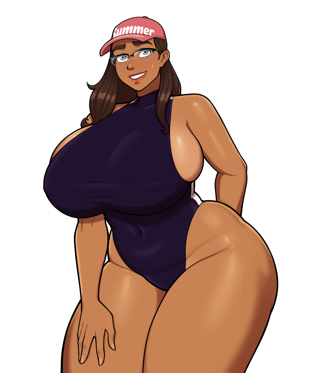 1girls abs breasts dark-skinned_female dark_skin emily_(mrpotatoparty) female female_only glasses huge_breasts looking_at_viewer mrpotatoparty muscular_female one-piece_swimsuit original original_character smile smiling_at_viewer solo thick_thighs thunder_thighs toned_female wide_hips