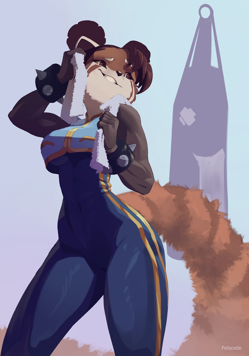 1girls, 2020, 2020s, after workout, alternate species, anthro, artist name, artist signature, athletic, athletic female, belly button, belly button visible through clothing, black pupils, bracelet, breasts, brown body, brown eyes, brown hair, capcom, chun-li, eyebrows, eyelashes, feliscede, female, female focus, female only, furrification, furry, furry female, furry only, mammal, mammal humanoid, punching bag, red panda, signature, smile, solo, solo female, spiked bracelet, standing, street fighter, street fighter alpha, tagme, tail, teeth, teeth clenched, teeth showing, towel, towel on head, underboob, white sclera, workout