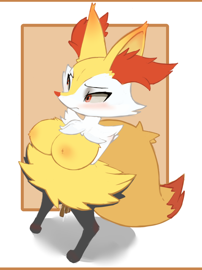 anthro big_breasts blush bodily_fluids braixen breasts crossed_arms female genital_fluids looking_back nintendo penetration pokémon_(species) pokemon pokemon_(species) pussy_juice shdingo solo vaginal_penetration video_games