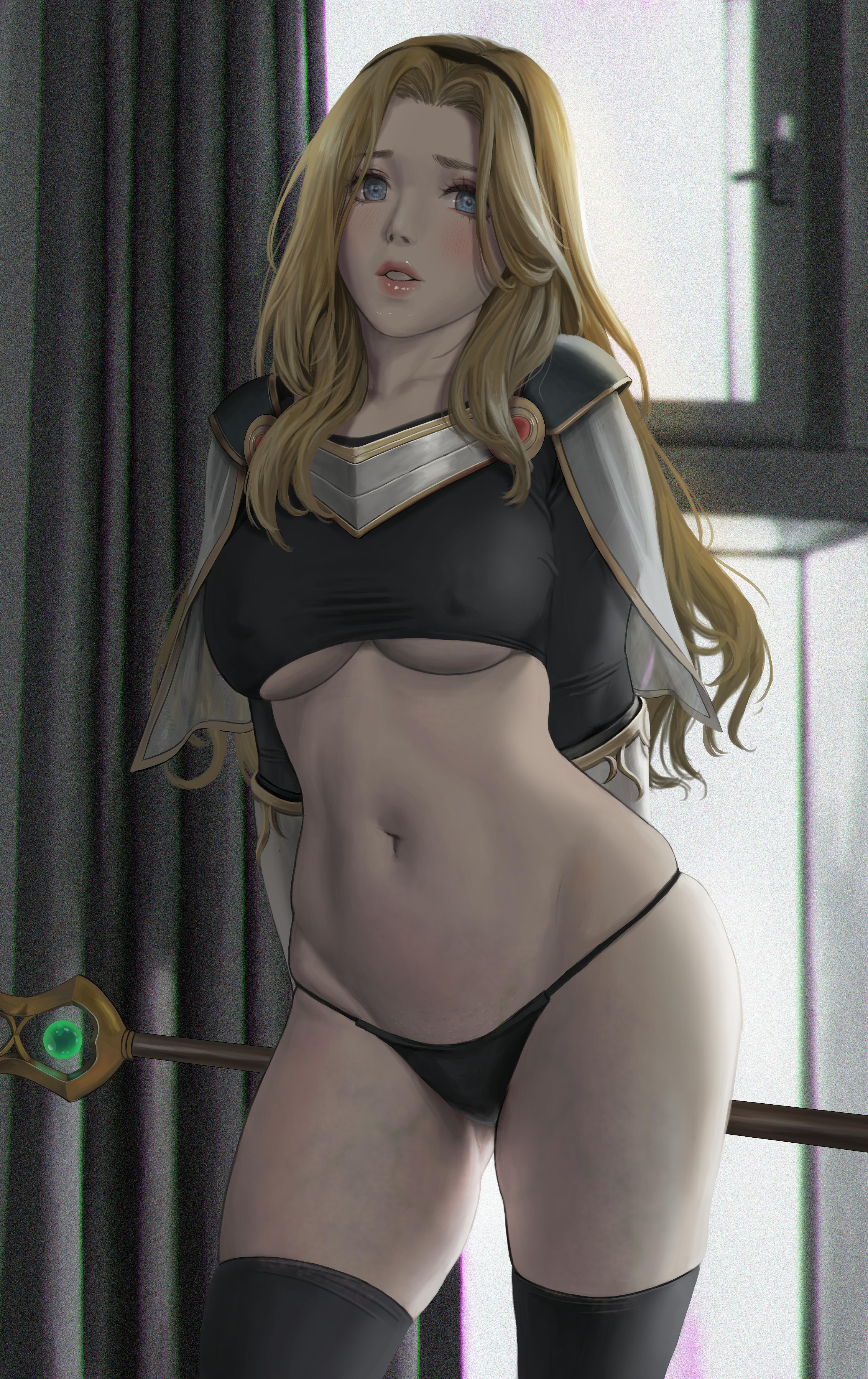 armored dress, blonde hair, blue eyes, blush, female, janggun, league of legends, light skin, light-skinned female, long hair, luxanna crownguard, navel, riot games, solo, tagme